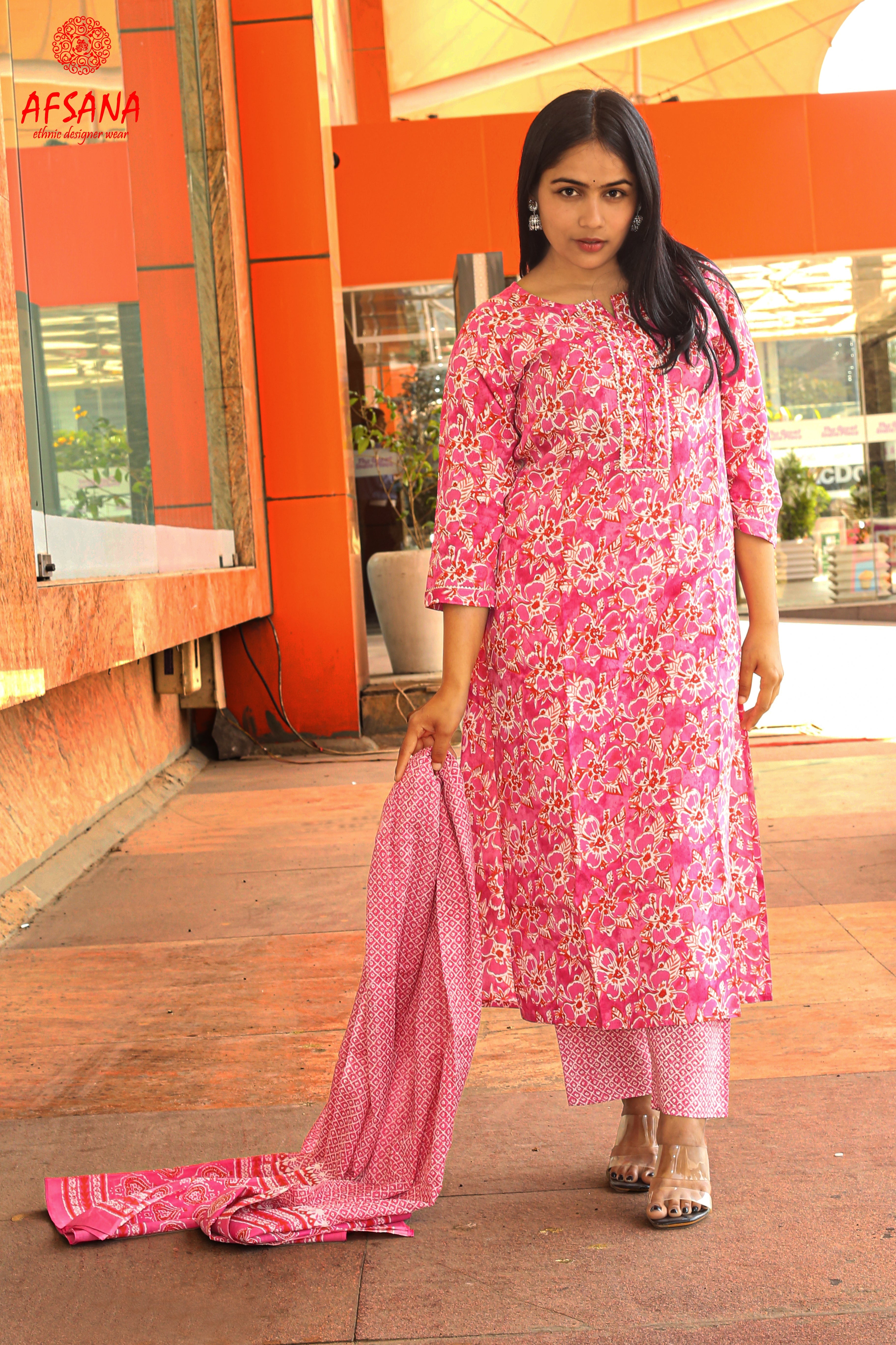 Pink cotton suit with hand work kurta pati in neck