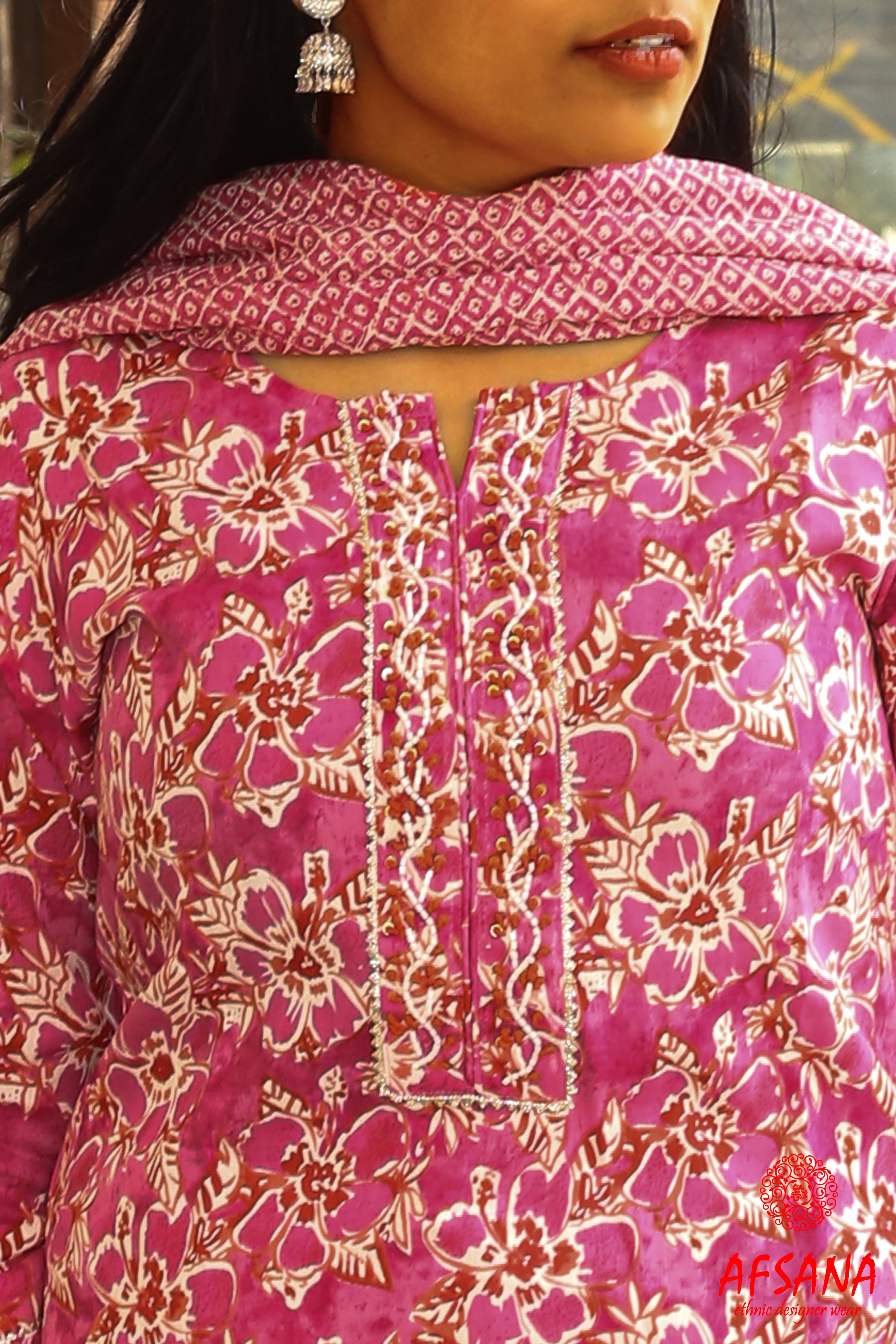 Pink cotton suit with hand work kurta pati in neck