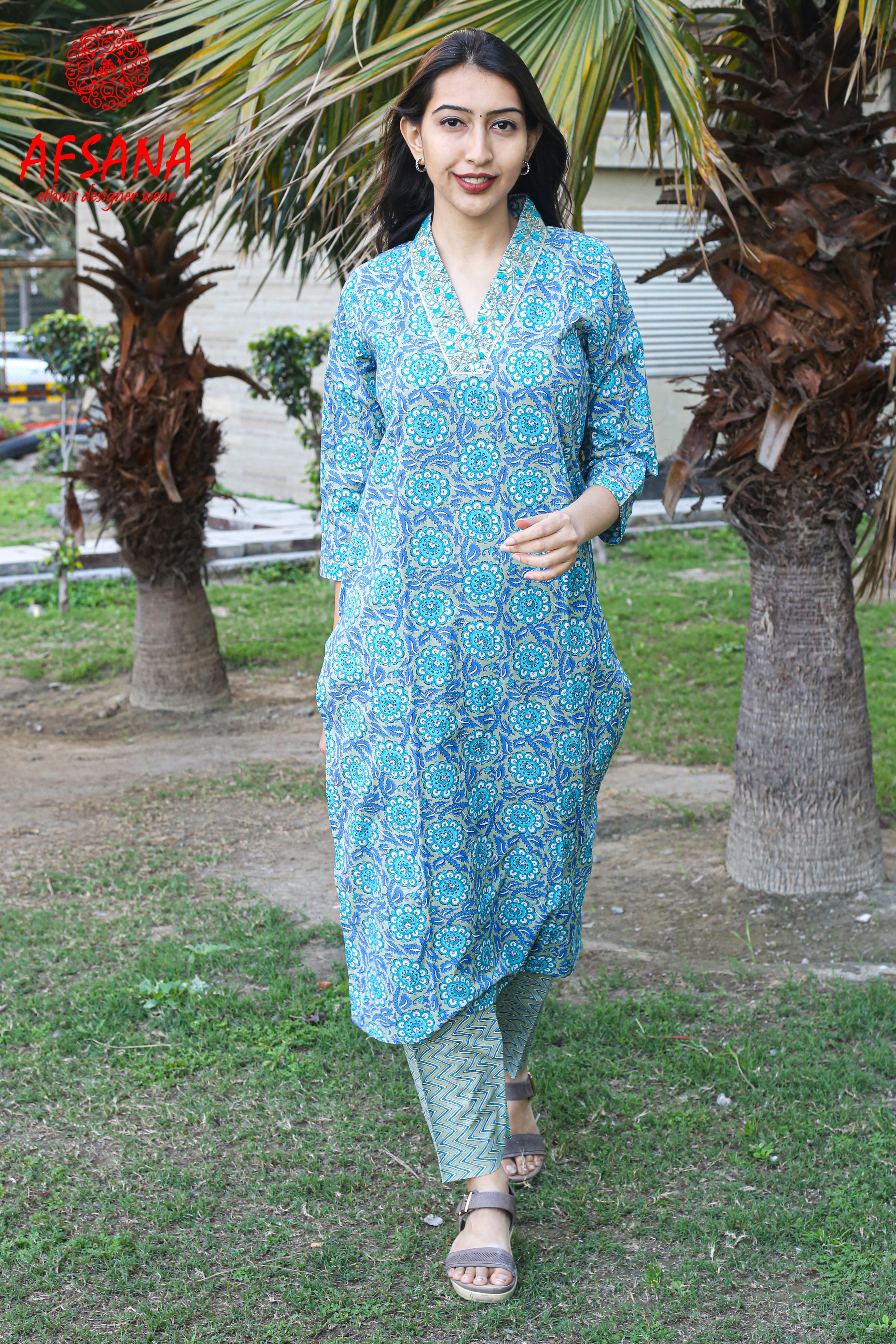 Blue cotton suit with hand work in neck