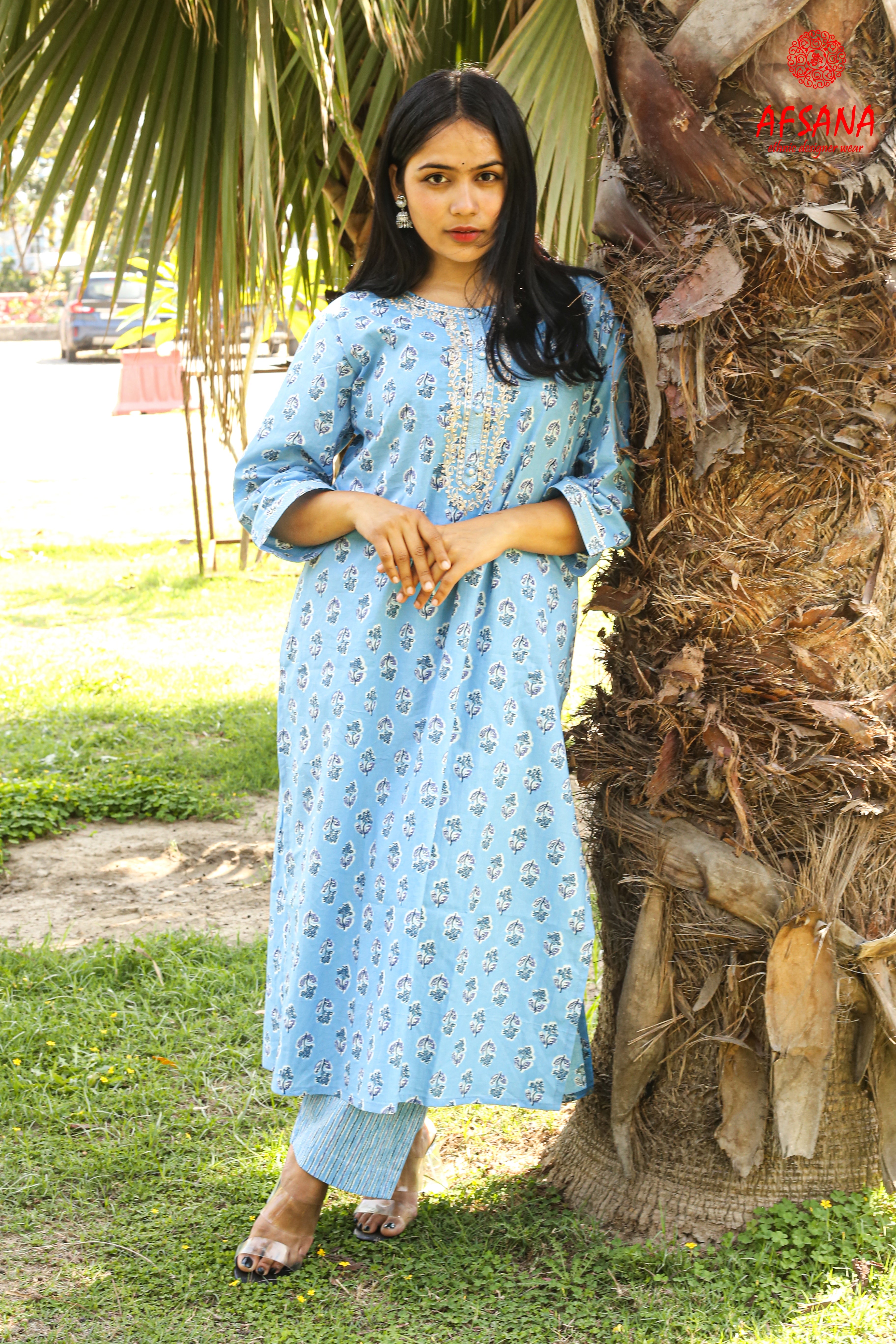 Sky blue cotton suit with zari machine work in neck