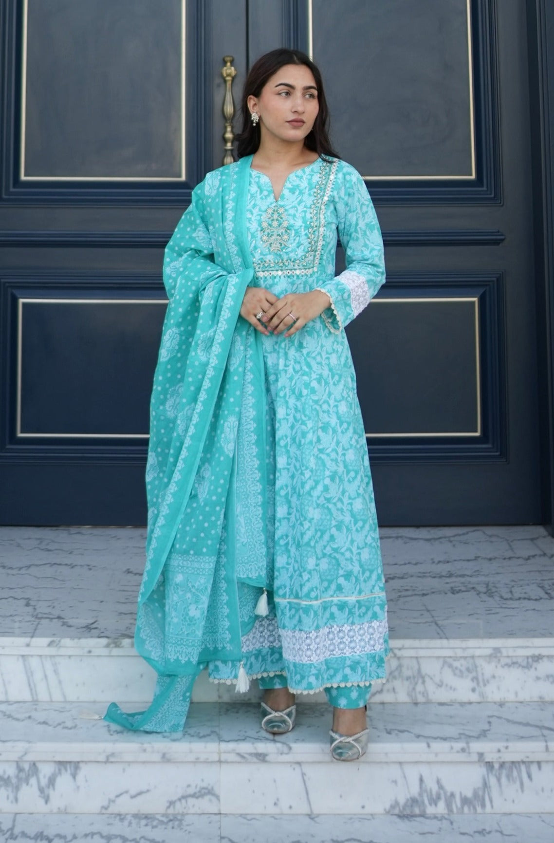 Ethnic Printed Mirror Work Anarkali Kurta with Trousers & Dupatta