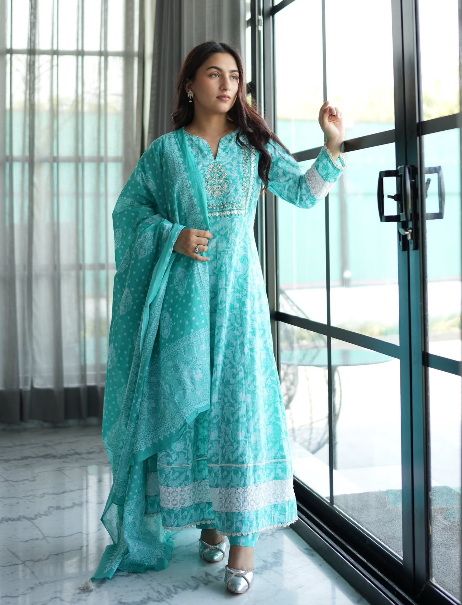 Ethnic Printed Mirror Work Anarkali Kurta with Trousers & Dupatta