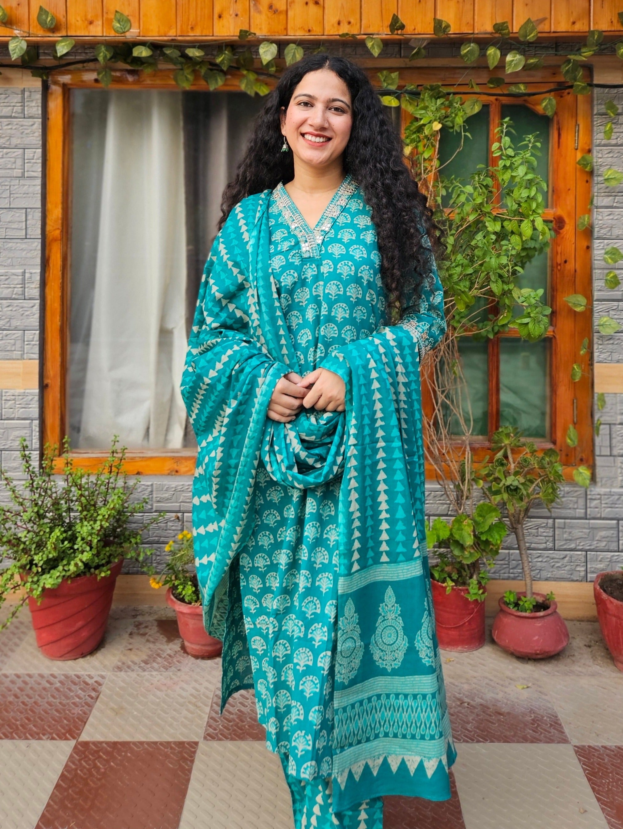 Floral Printed  Rama- Green Thread Work Regular Kurta With Trousers & Dupatta