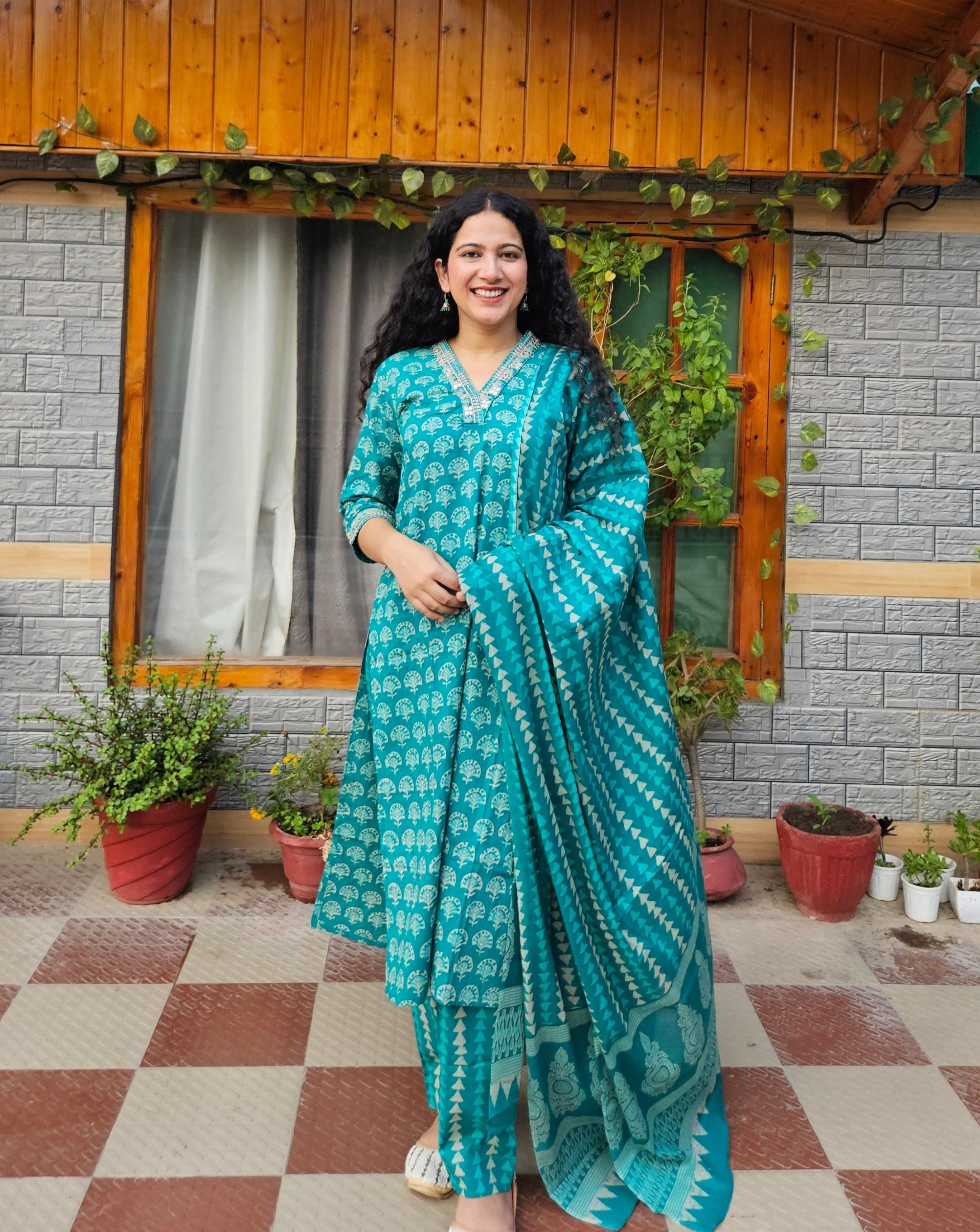 Floral Printed  Rama- Green Thread Work Regular Kurta With Trousers & Dupatta