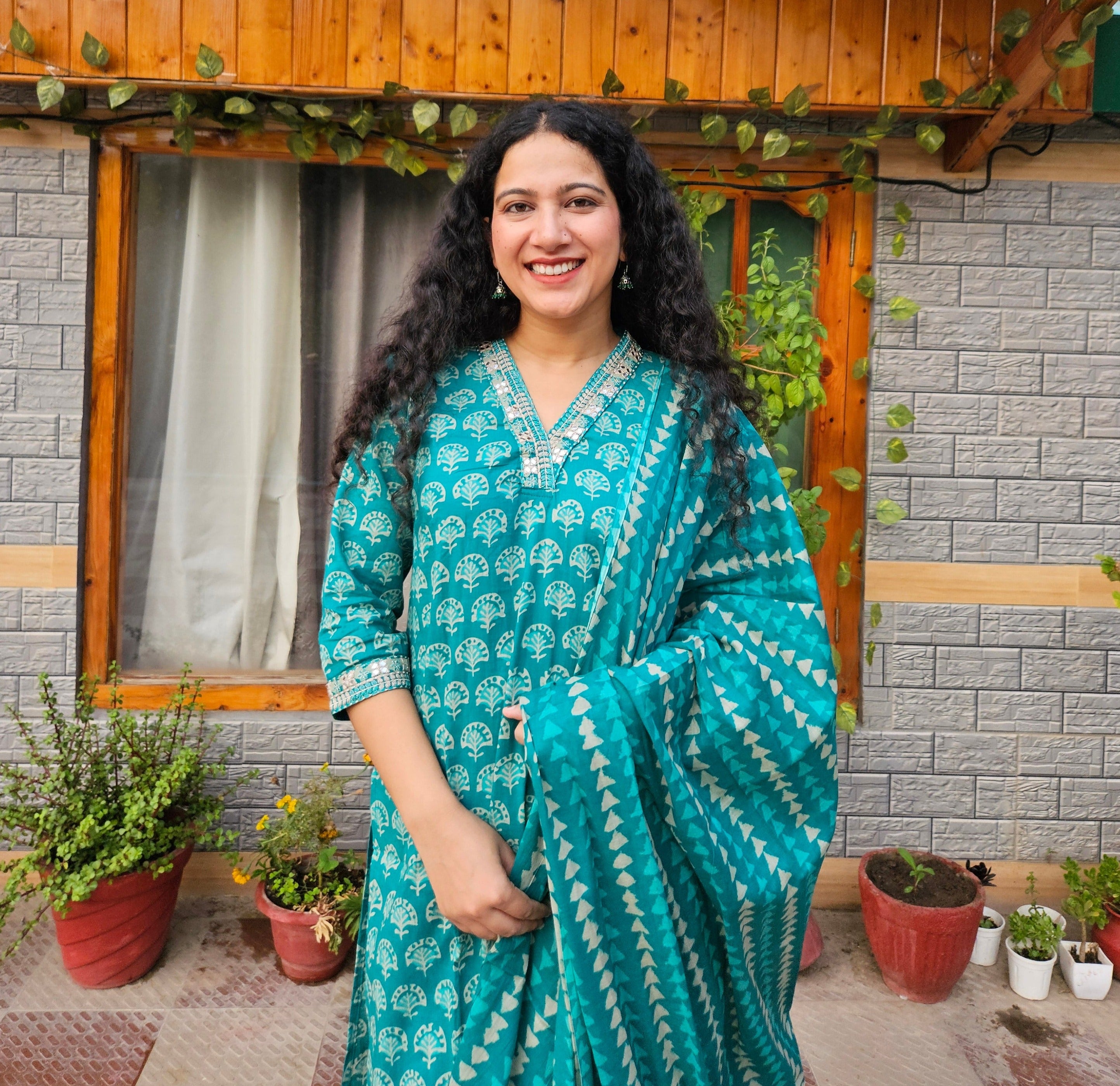 Floral Printed  Rama- Green Thread Work Regular Kurta With Trousers & Dupatta