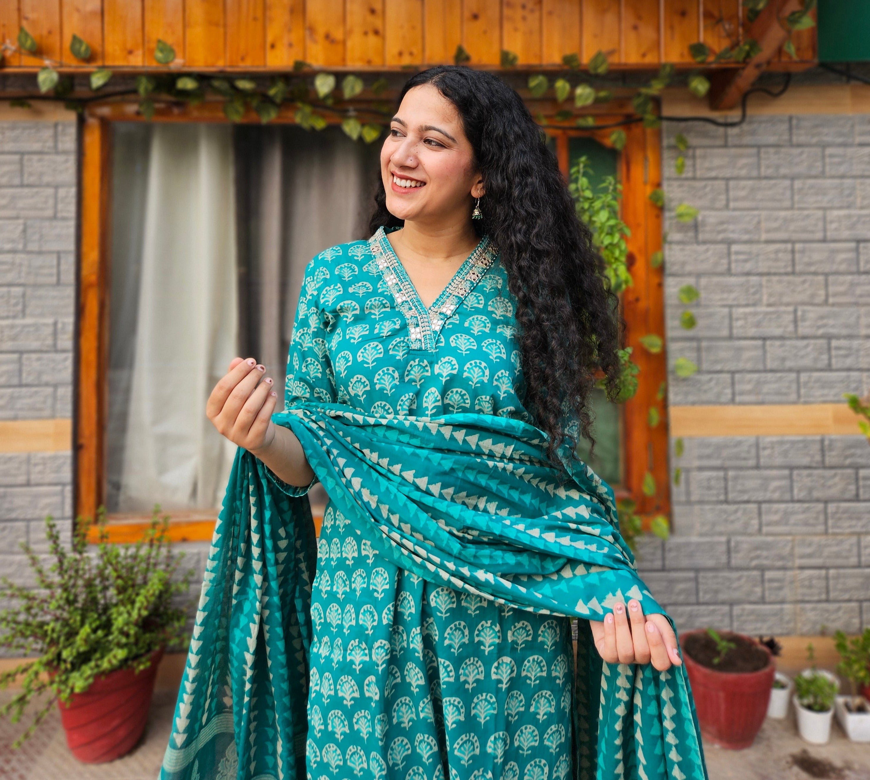 Floral Printed  Rama- Green Thread Work Regular Kurta With Trousers & Dupatta