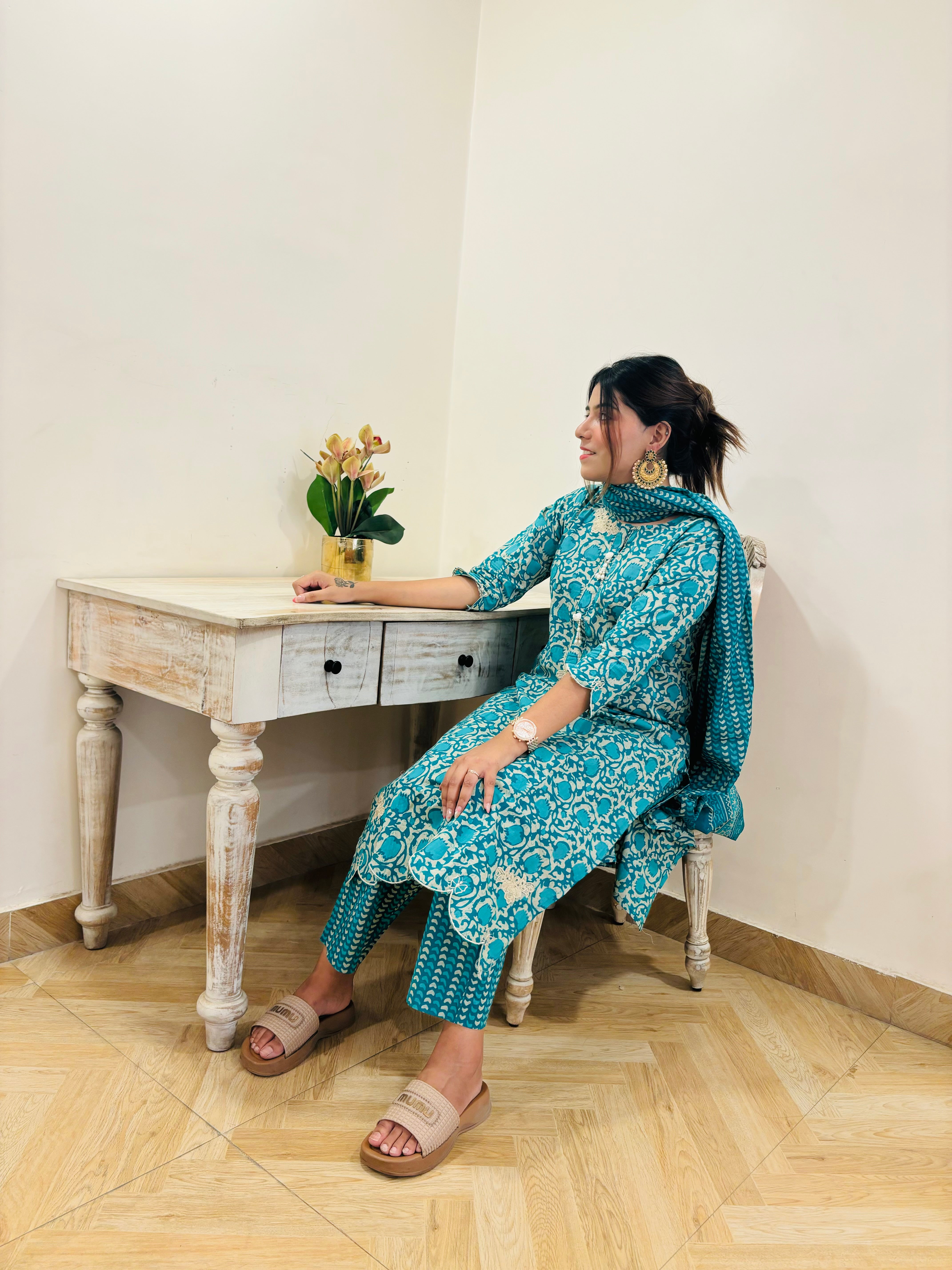 Ethnic Rama-Green Printed Pure Cotton Kurta with Trousers & Dupatta