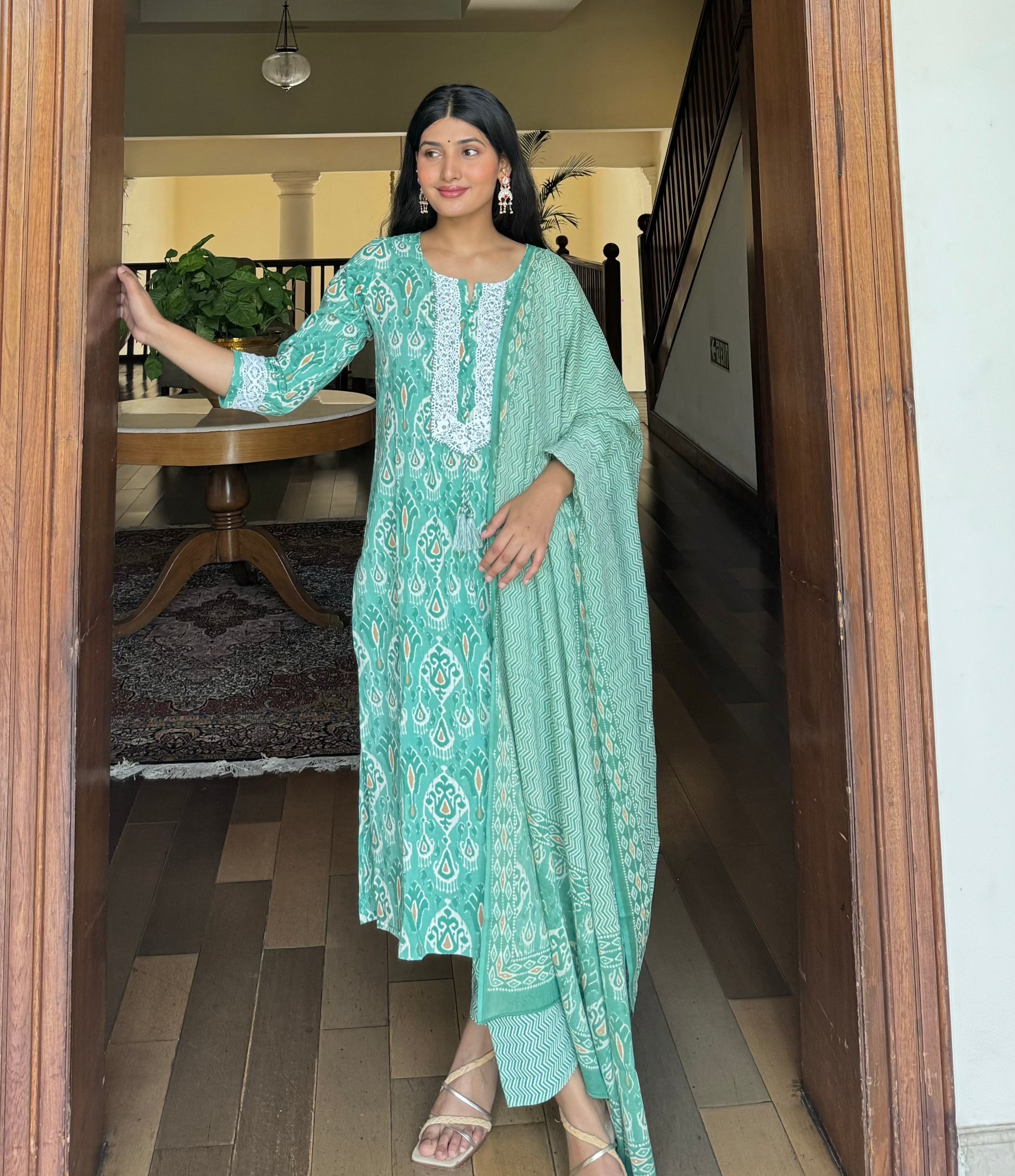 Printed Straight Kurta with Trousers & With Dupatta