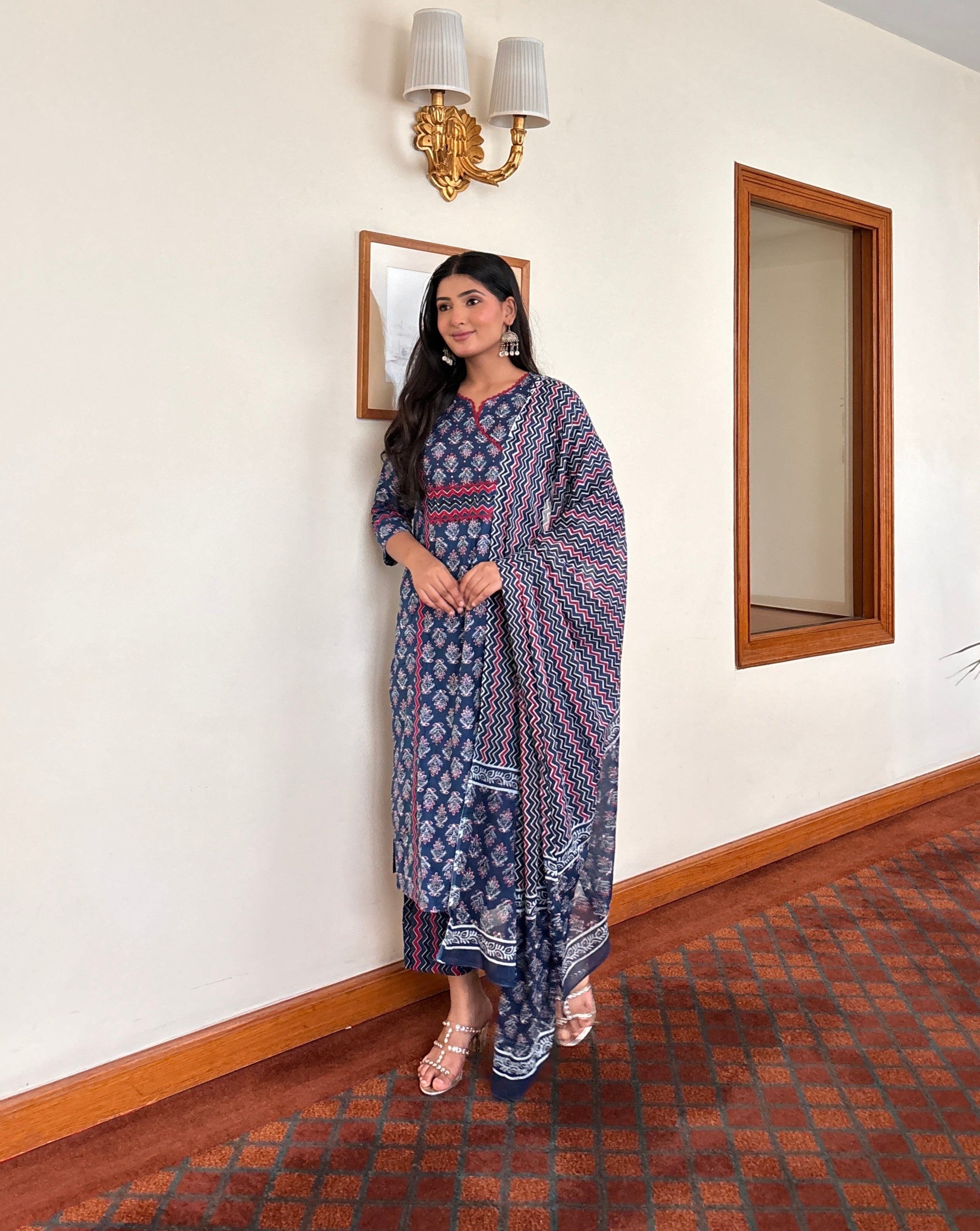 Women Navy Blue Kurta Dupatta Set