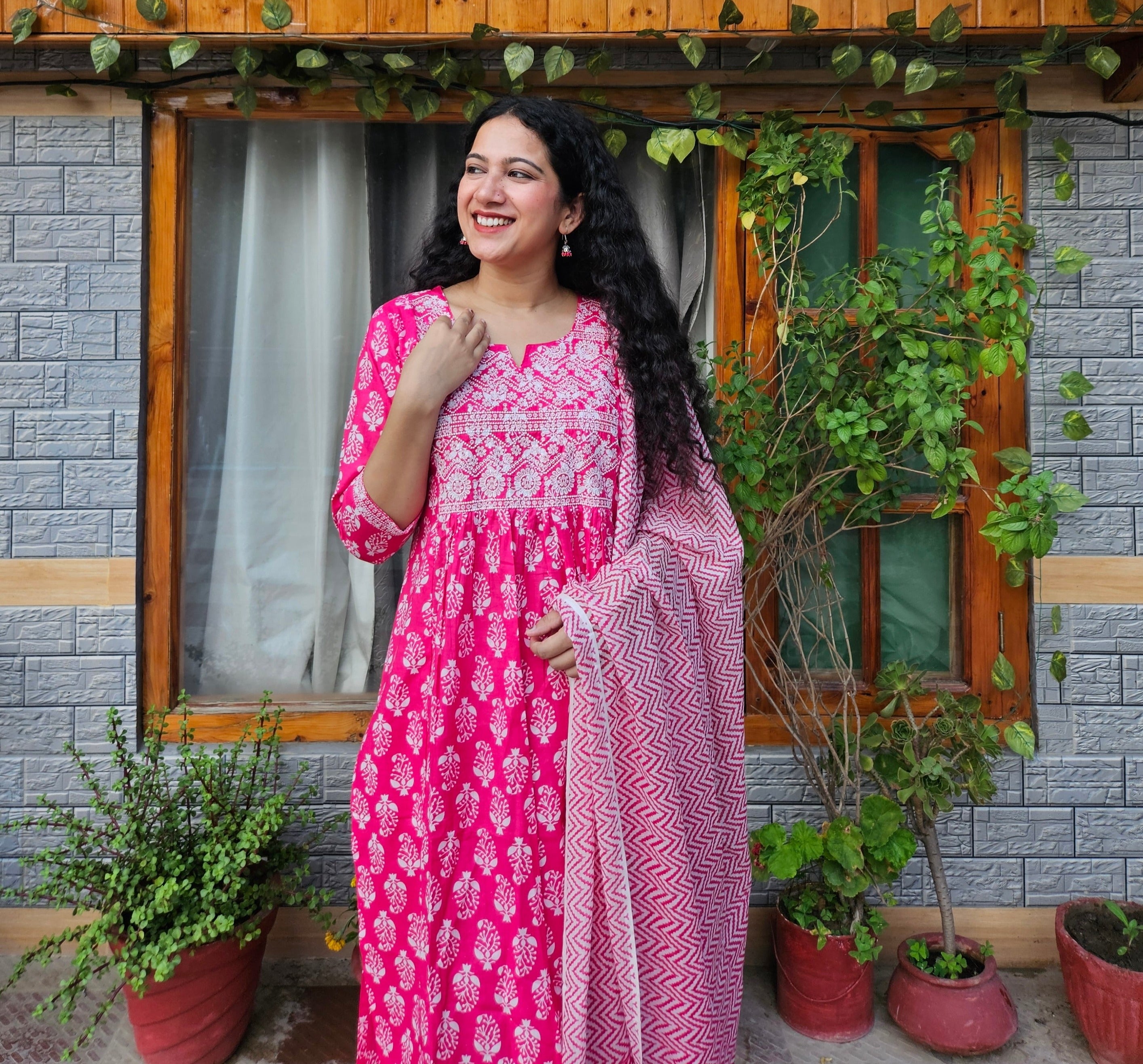 Magenta Printed Pure Cotton Kurta with Trousers & With Dupatta