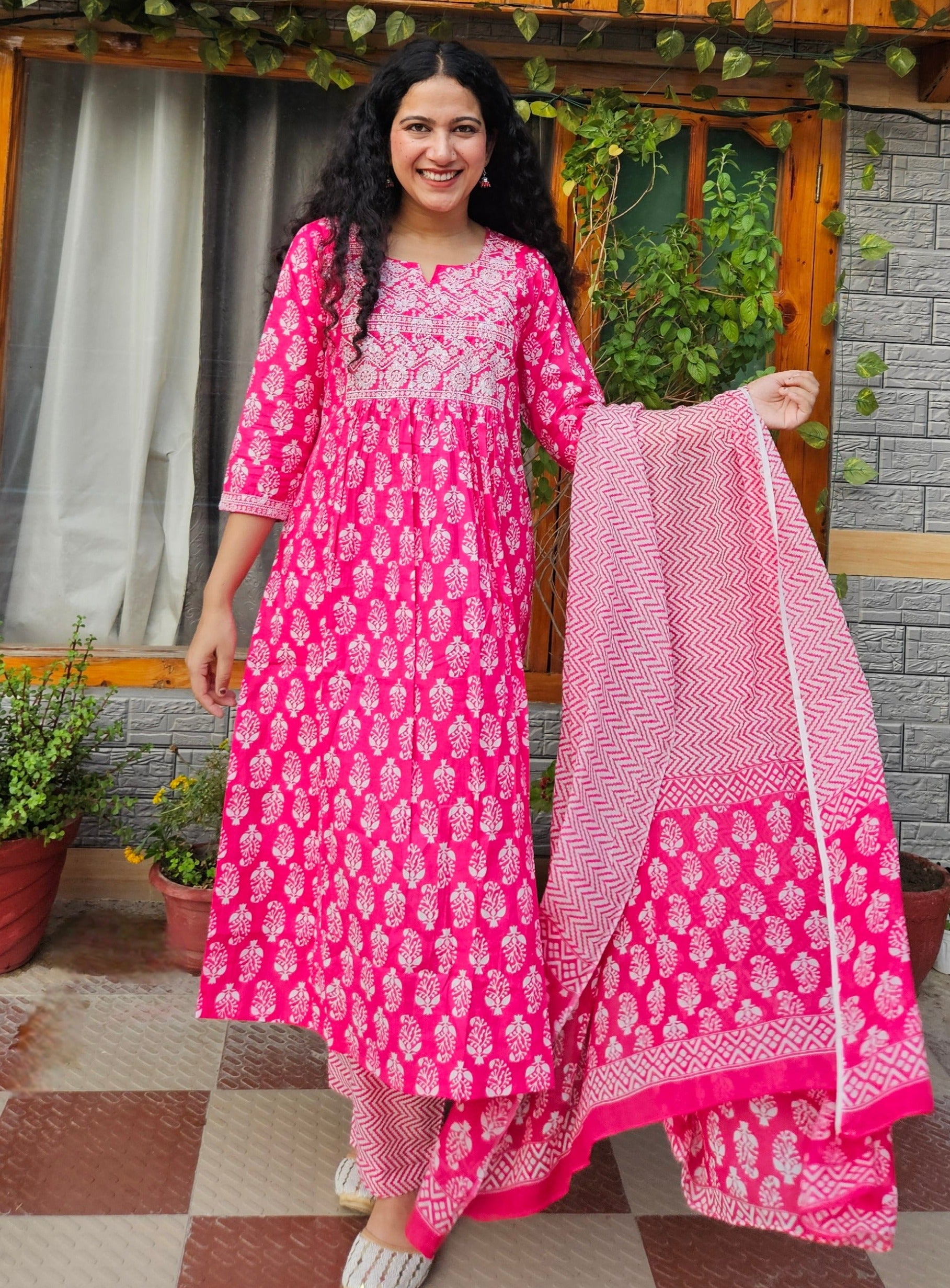 Magenta Printed Pure Cotton Kurta with Trousers & With Dupatta