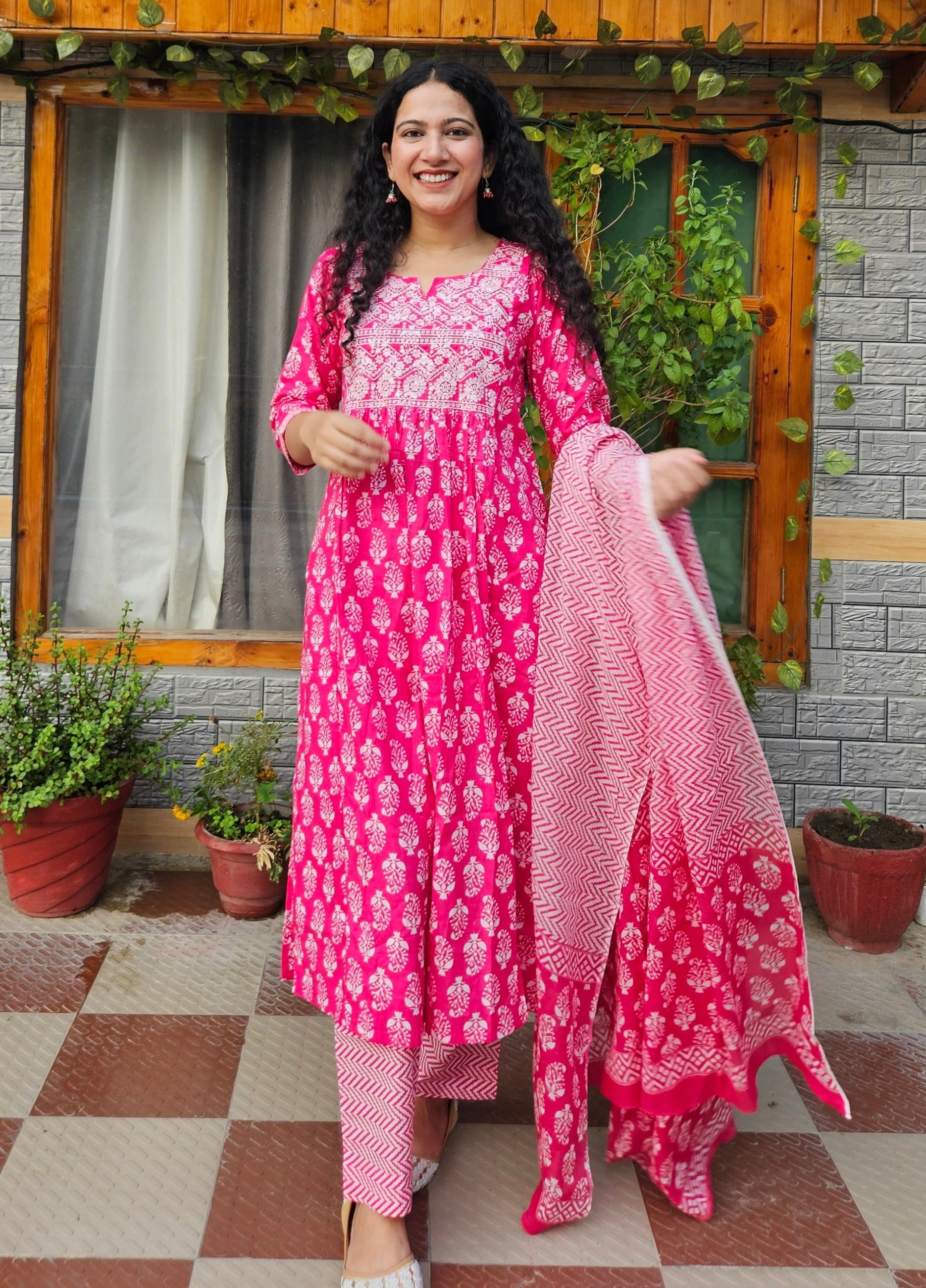 Magenta Printed Pure Cotton Kurta with Trousers & With Dupatta