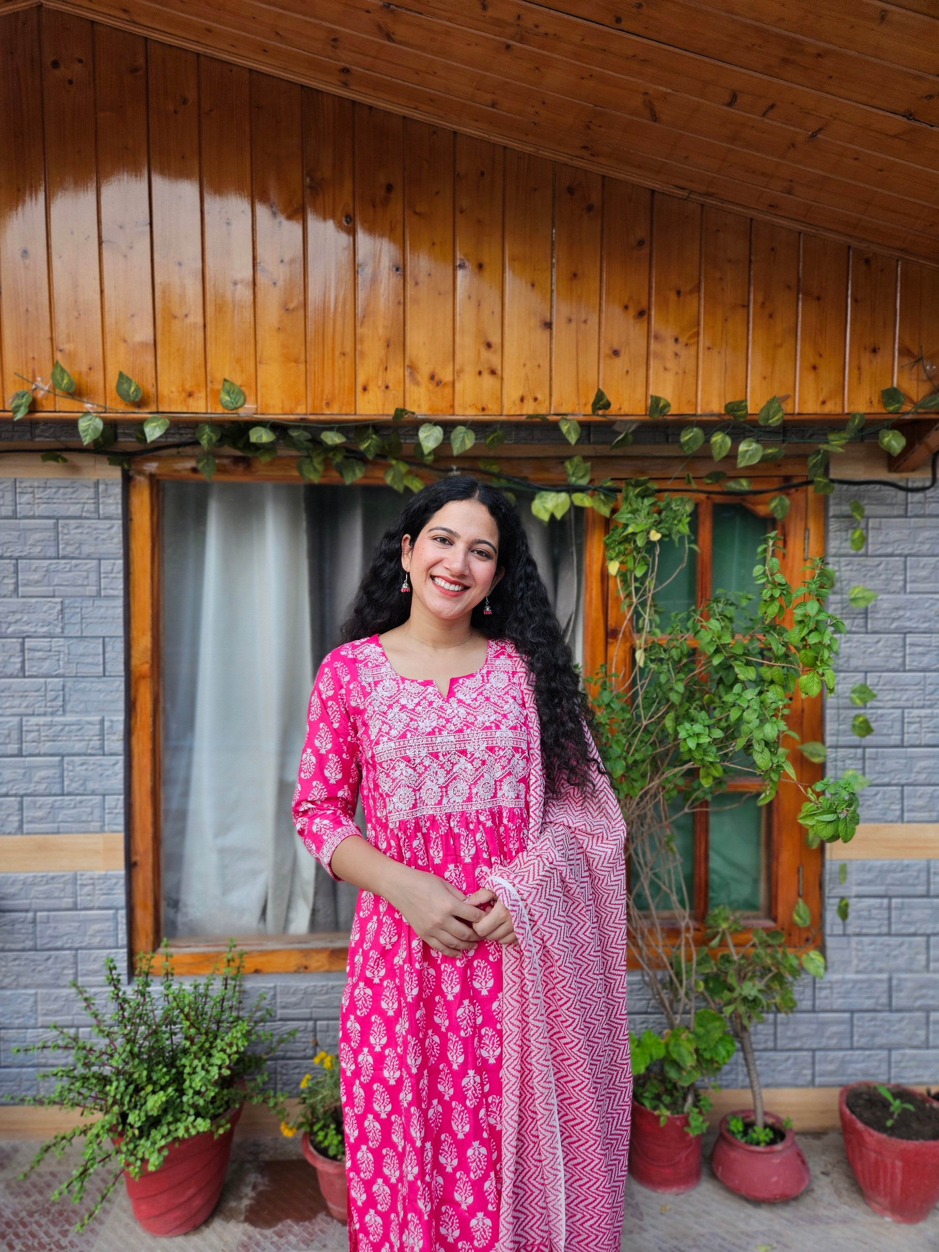 Magenta Printed Pure Cotton Kurta with Trousers & With Dupatta