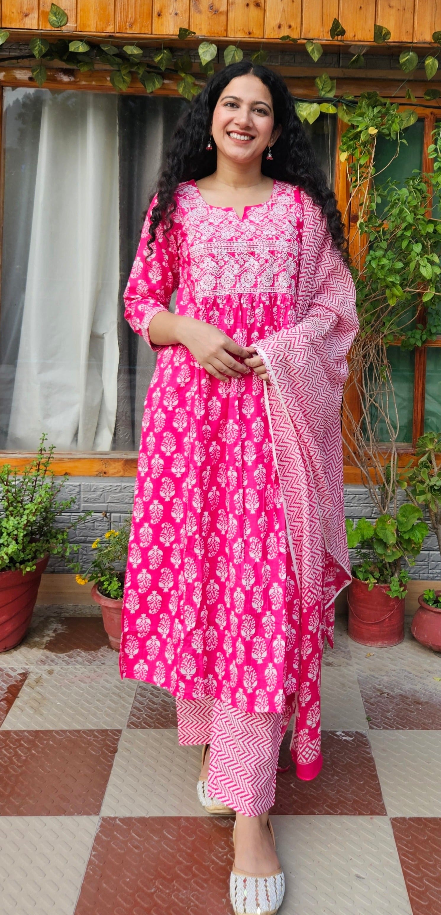 Magenta Printed Pure Cotton Kurta with Trousers & With Dupatta