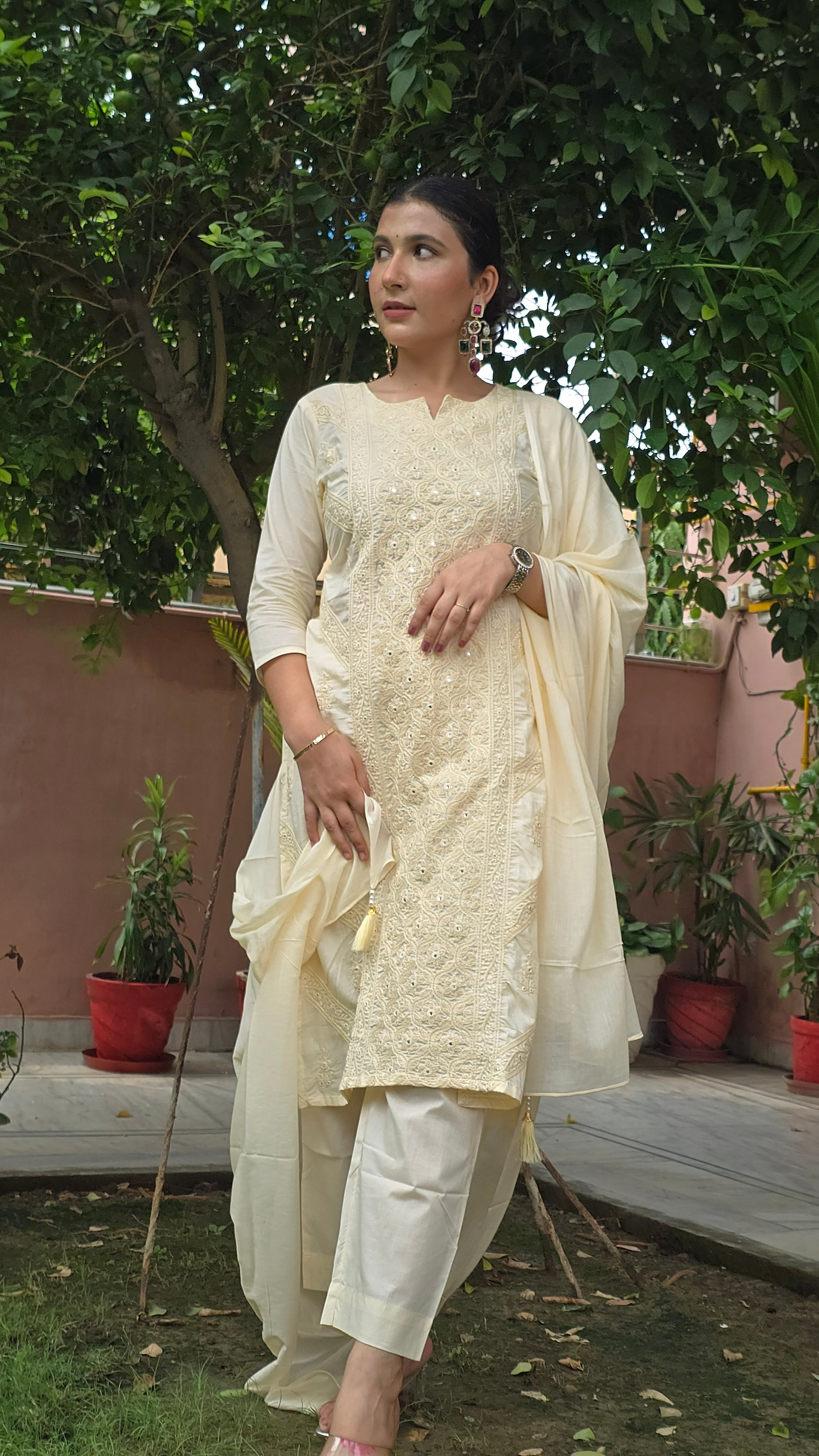 Cream Embroidered Straight Kurta With Trousers & Dupatta