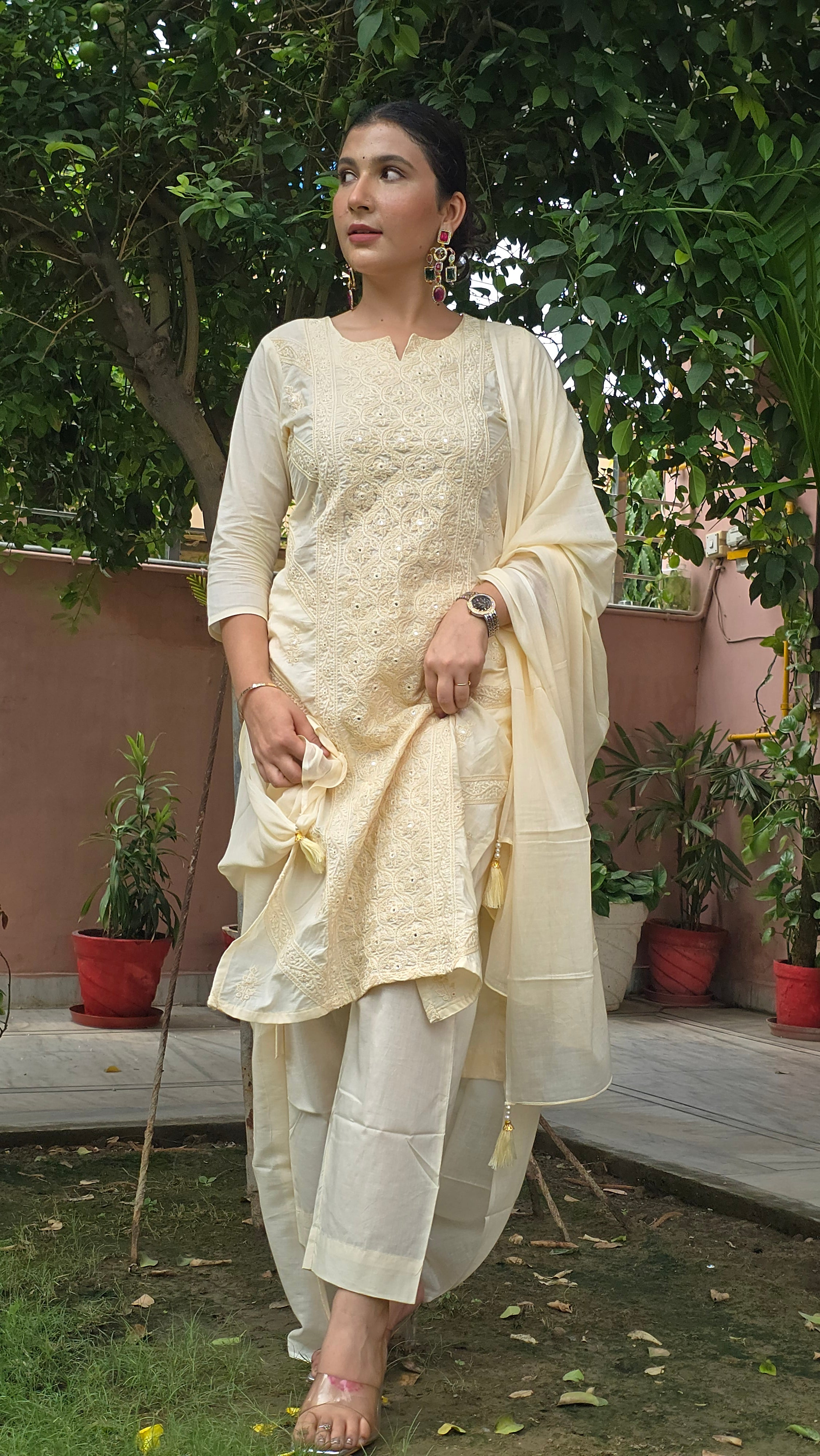 Cream Embroidered Straight Kurta With Trousers & Dupatta