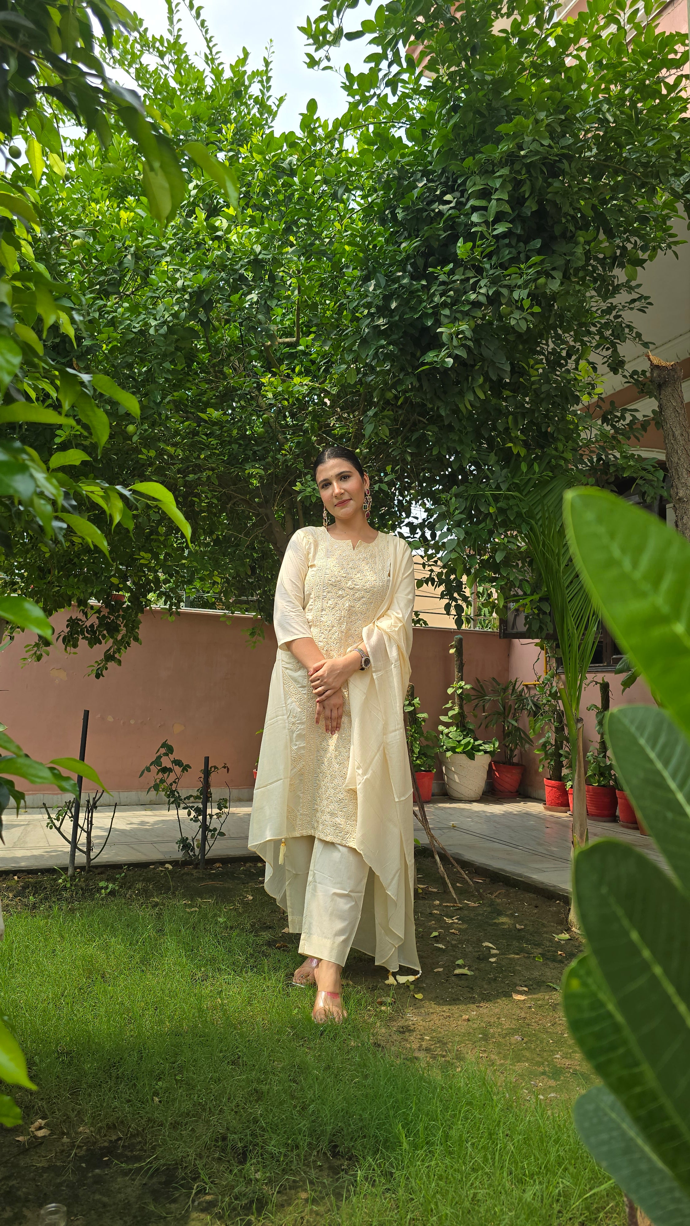 Cream Embroidered Straight Kurta With Trousers & Dupatta