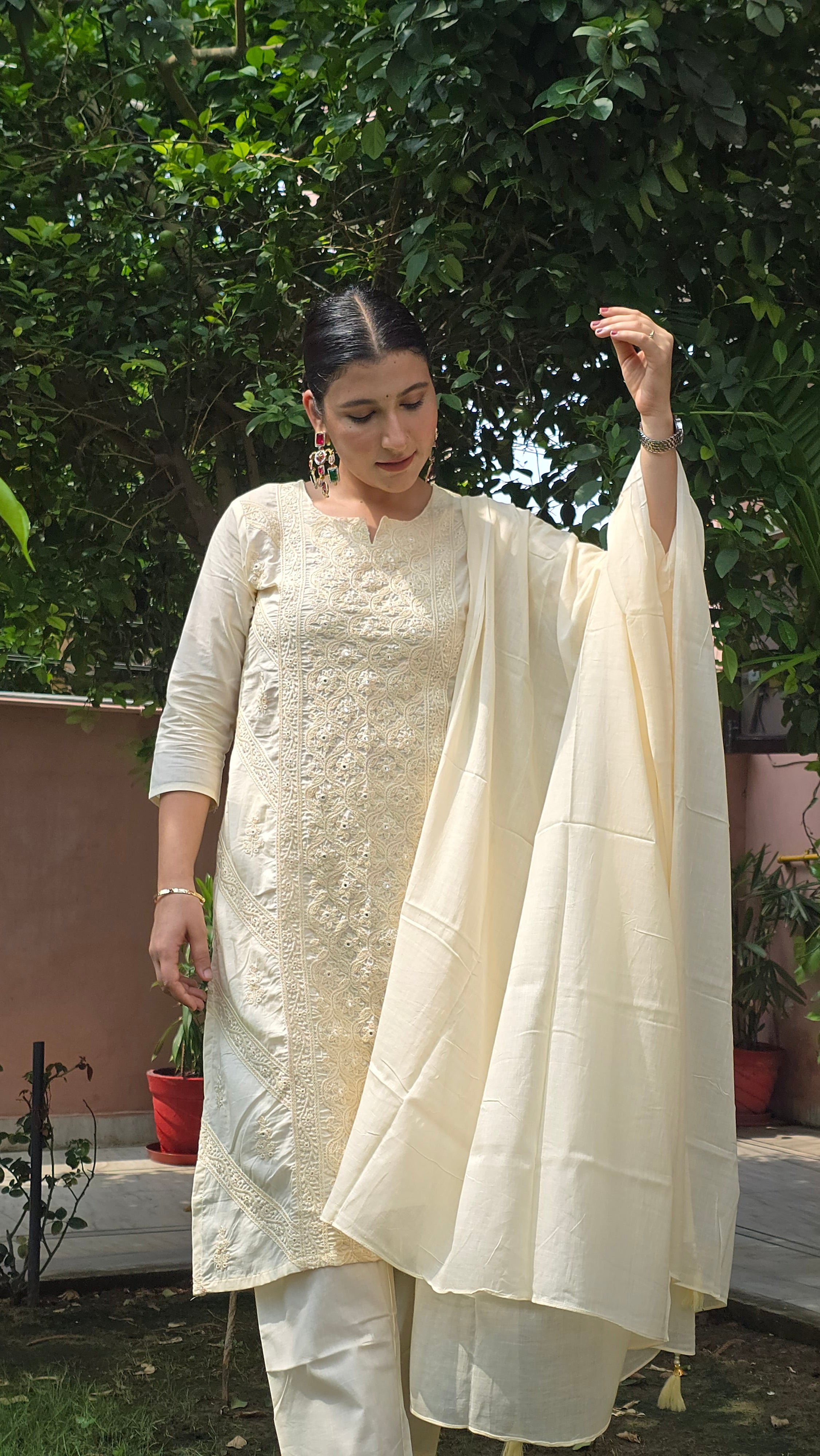 Cream Embroidered Straight Kurta With Trousers & Dupatta