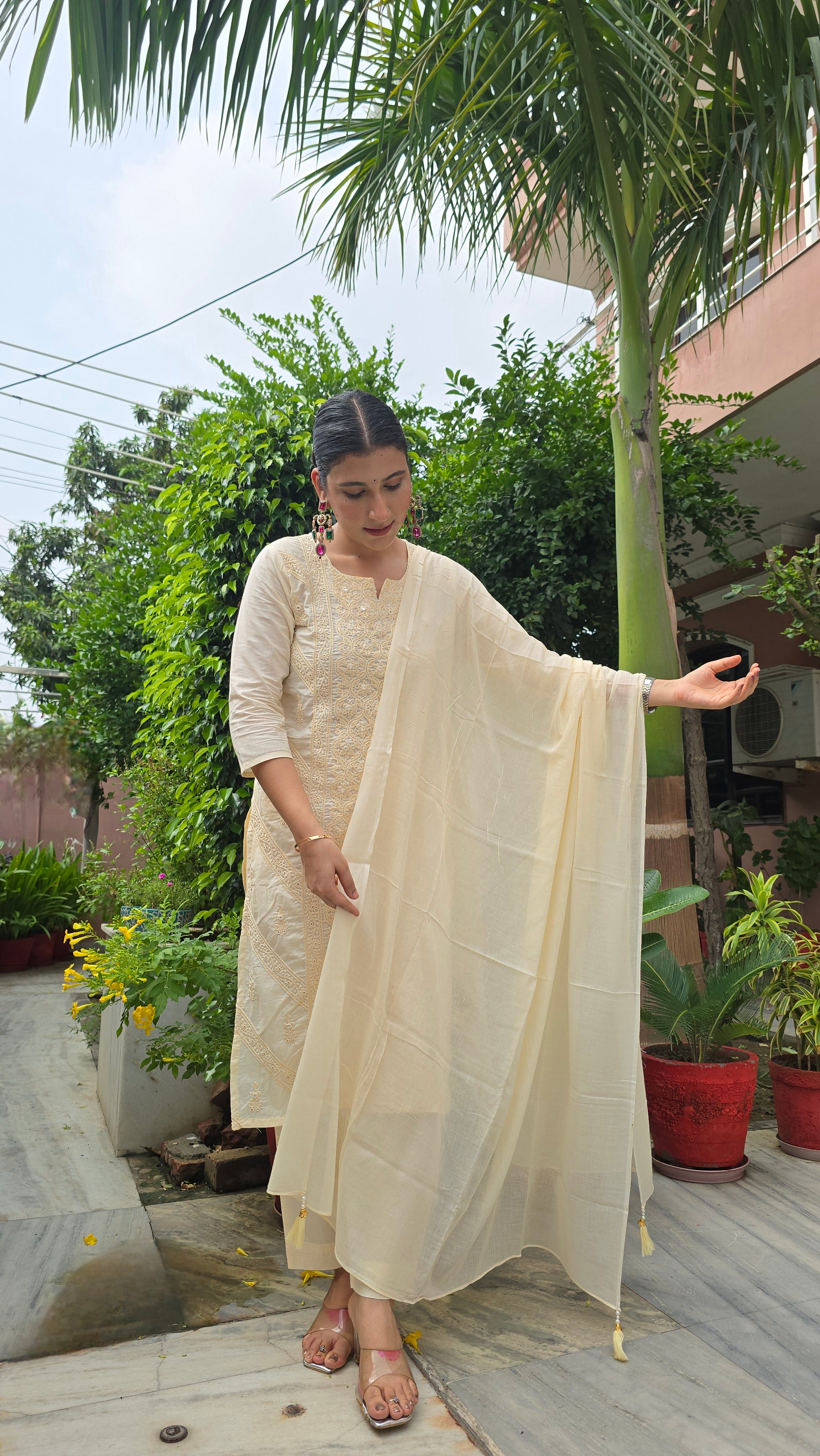 Cream Embroidered Straight Kurta With Trousers & Dupatta