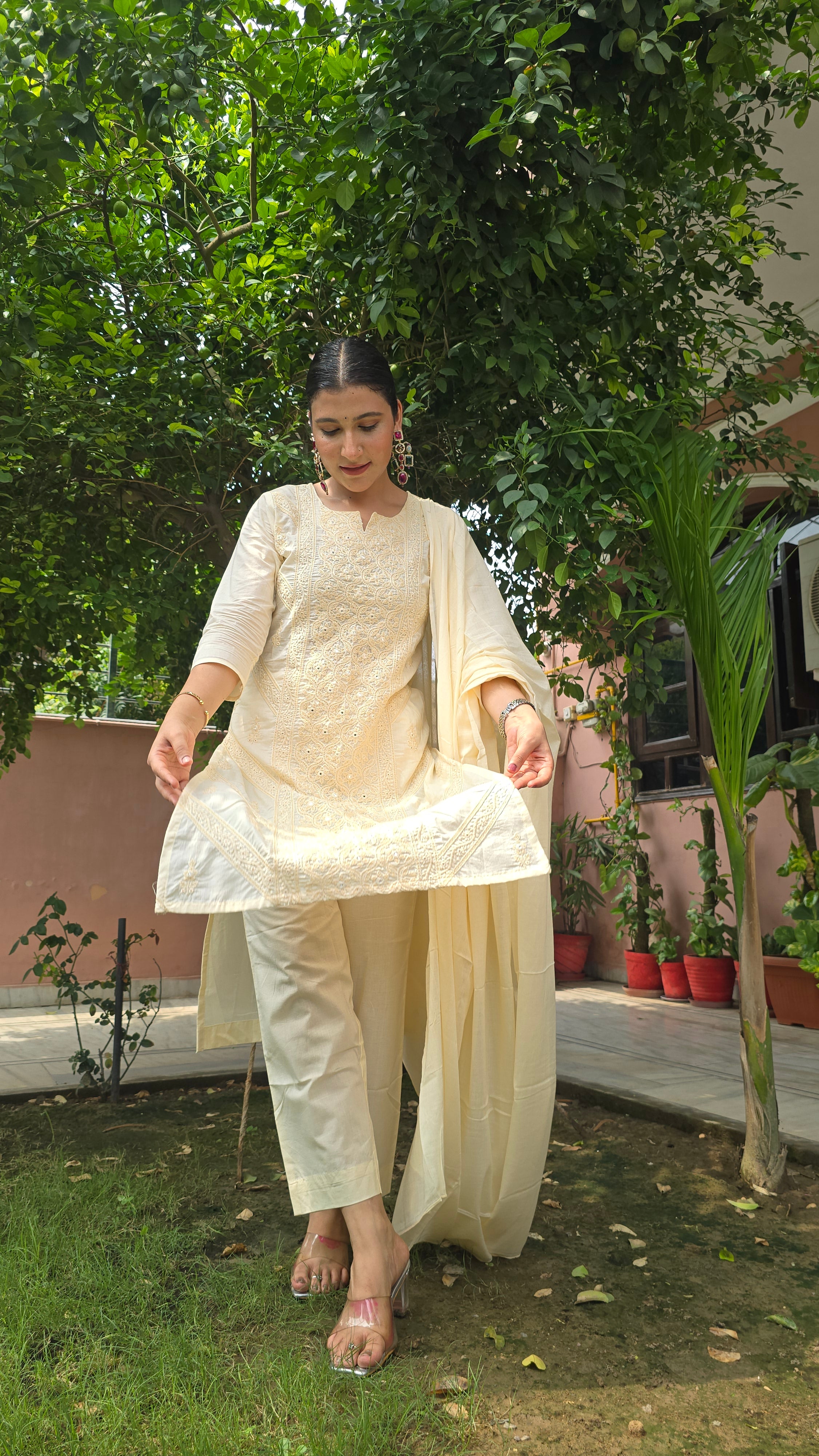 Cream Embroidered Straight Kurta With Trousers & Dupatta