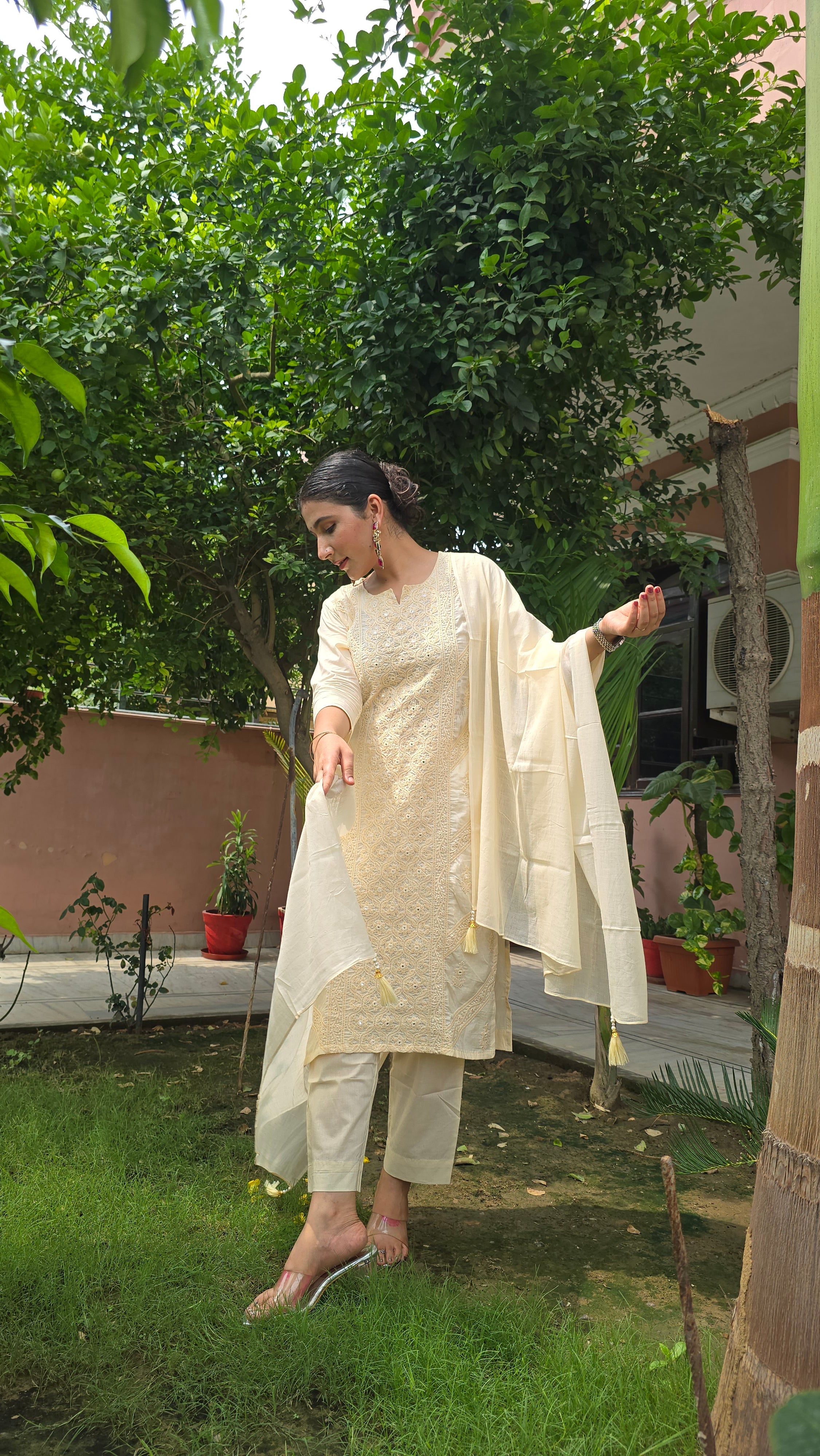 Cream Embroidered Straight Kurta With Trousers & Dupatta