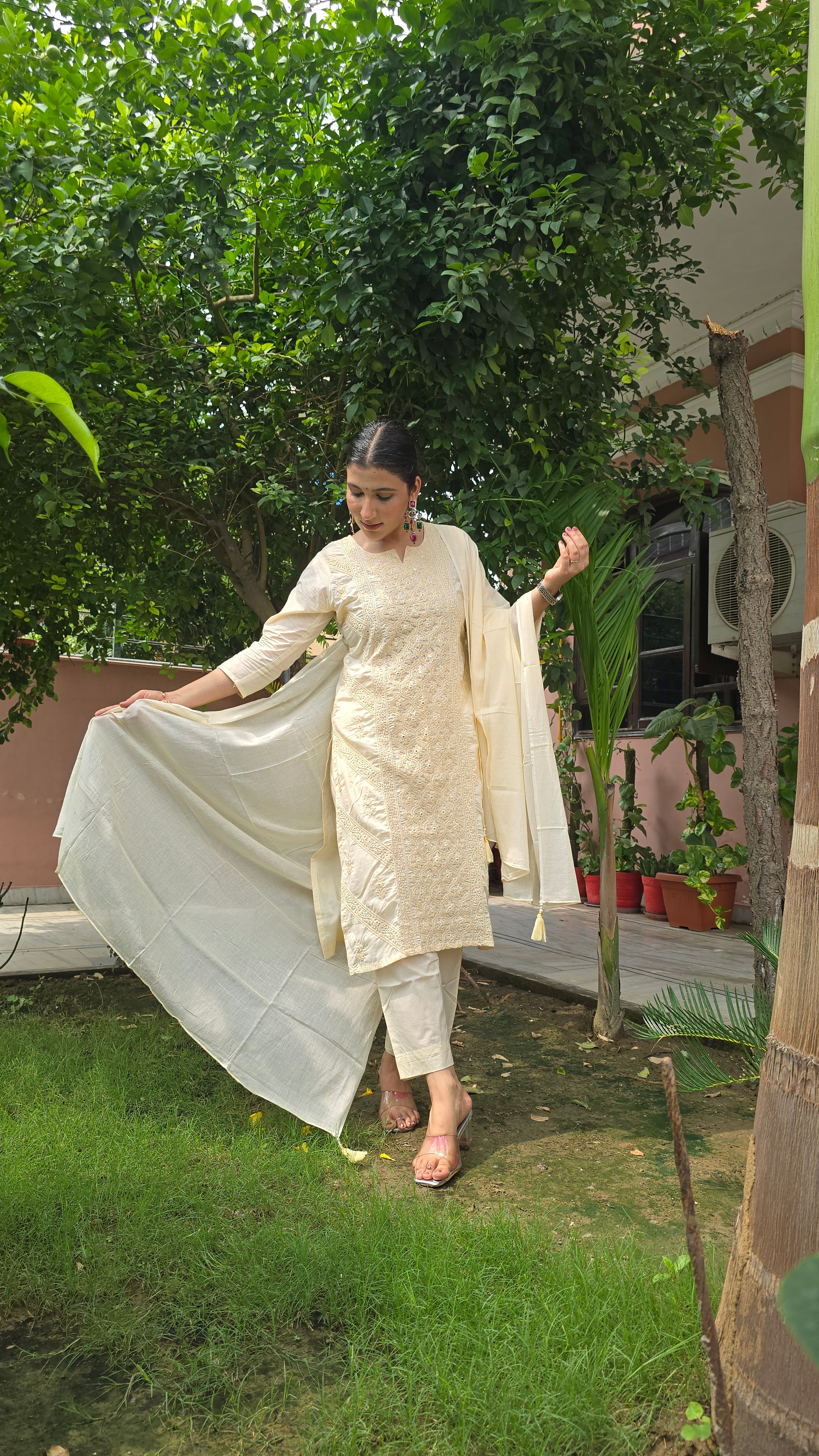 Cream Embroidered Straight Kurta With Trousers & Dupatta