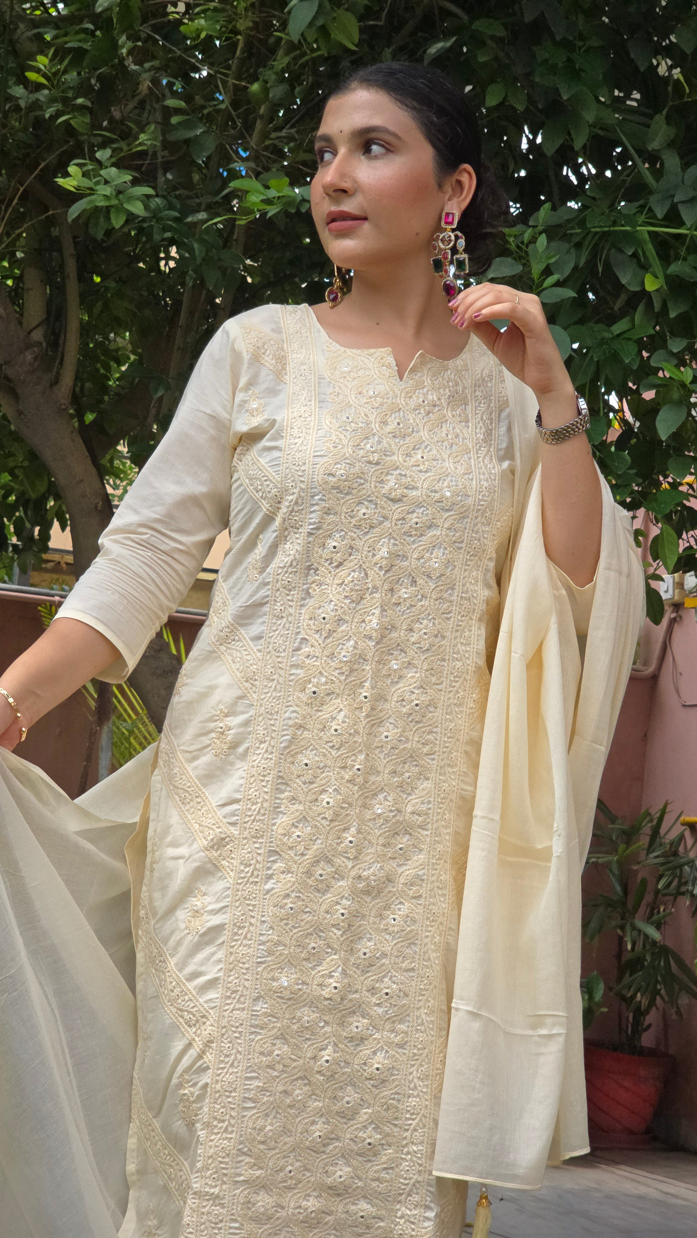 Cream Embroidered Straight Kurta With Trousers & Dupatta