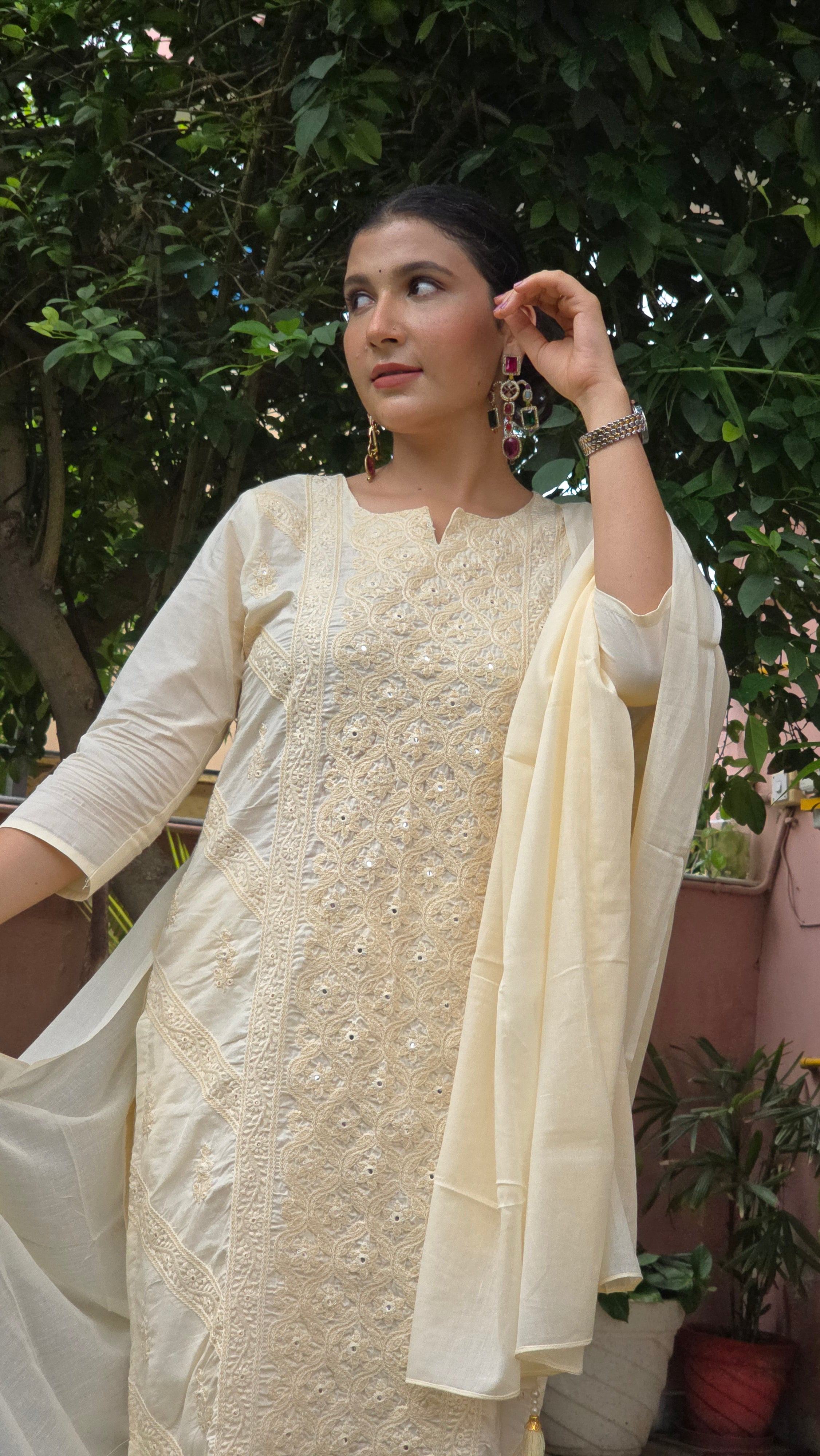 Cream Embroidered Straight Kurta With Trousers & Dupatta