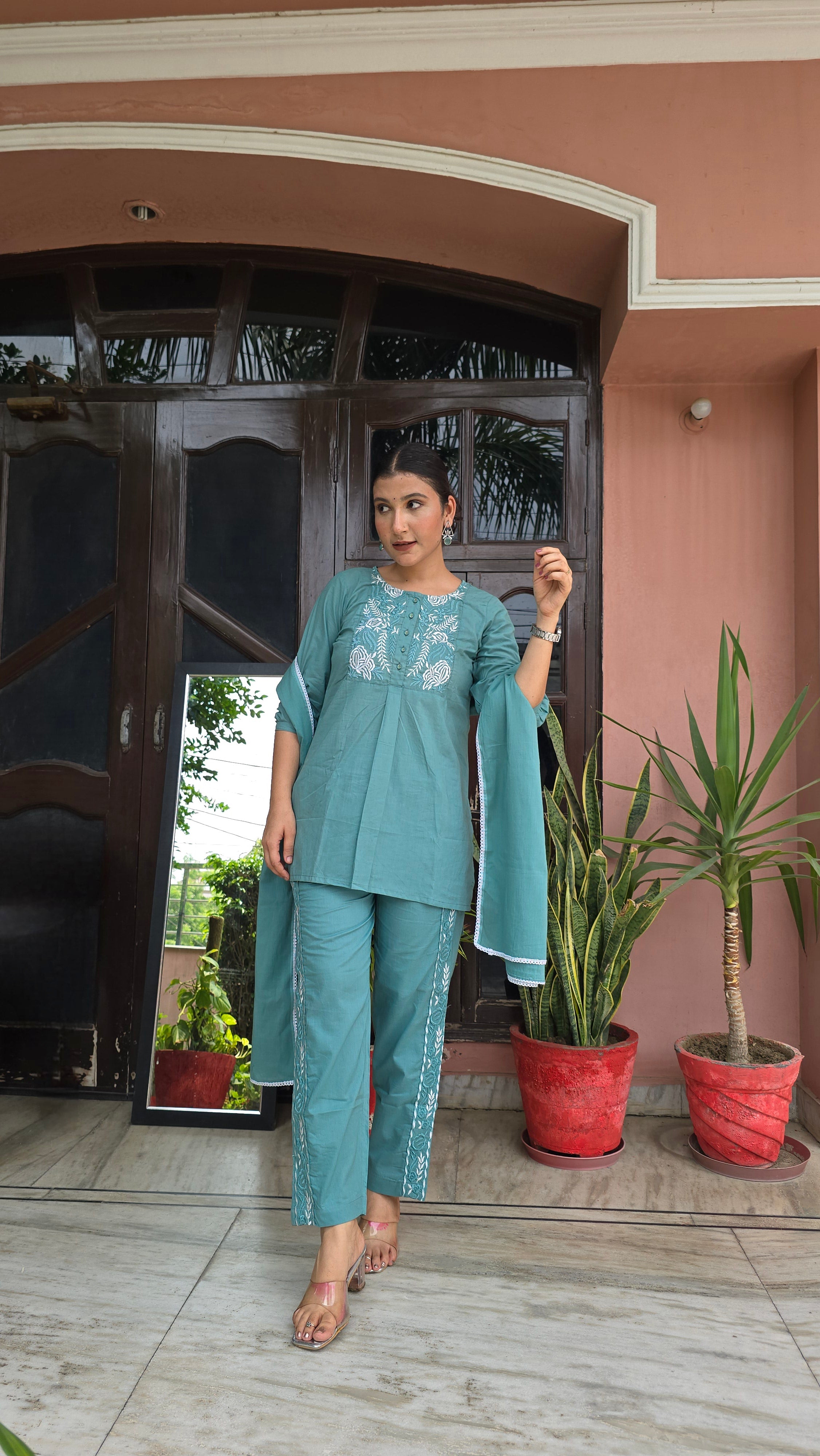 Embroidered Cord Set With Trouser and Dupatta