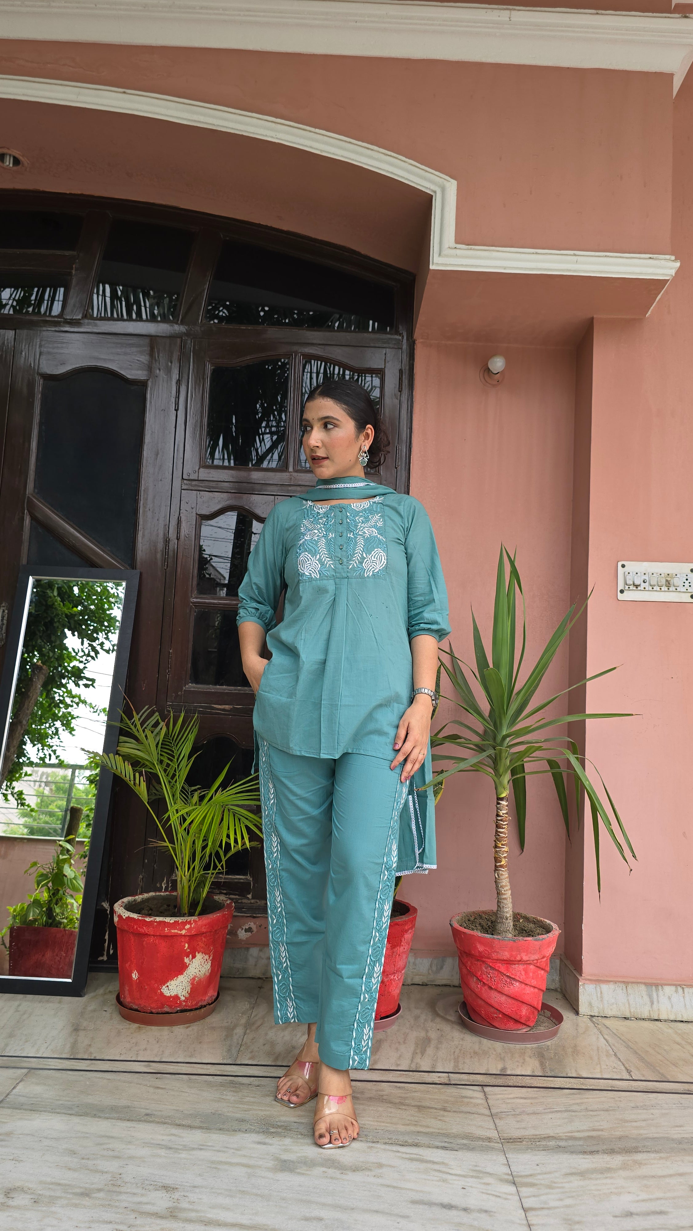 Embroidered Cord Set With Trouser and Dupatta