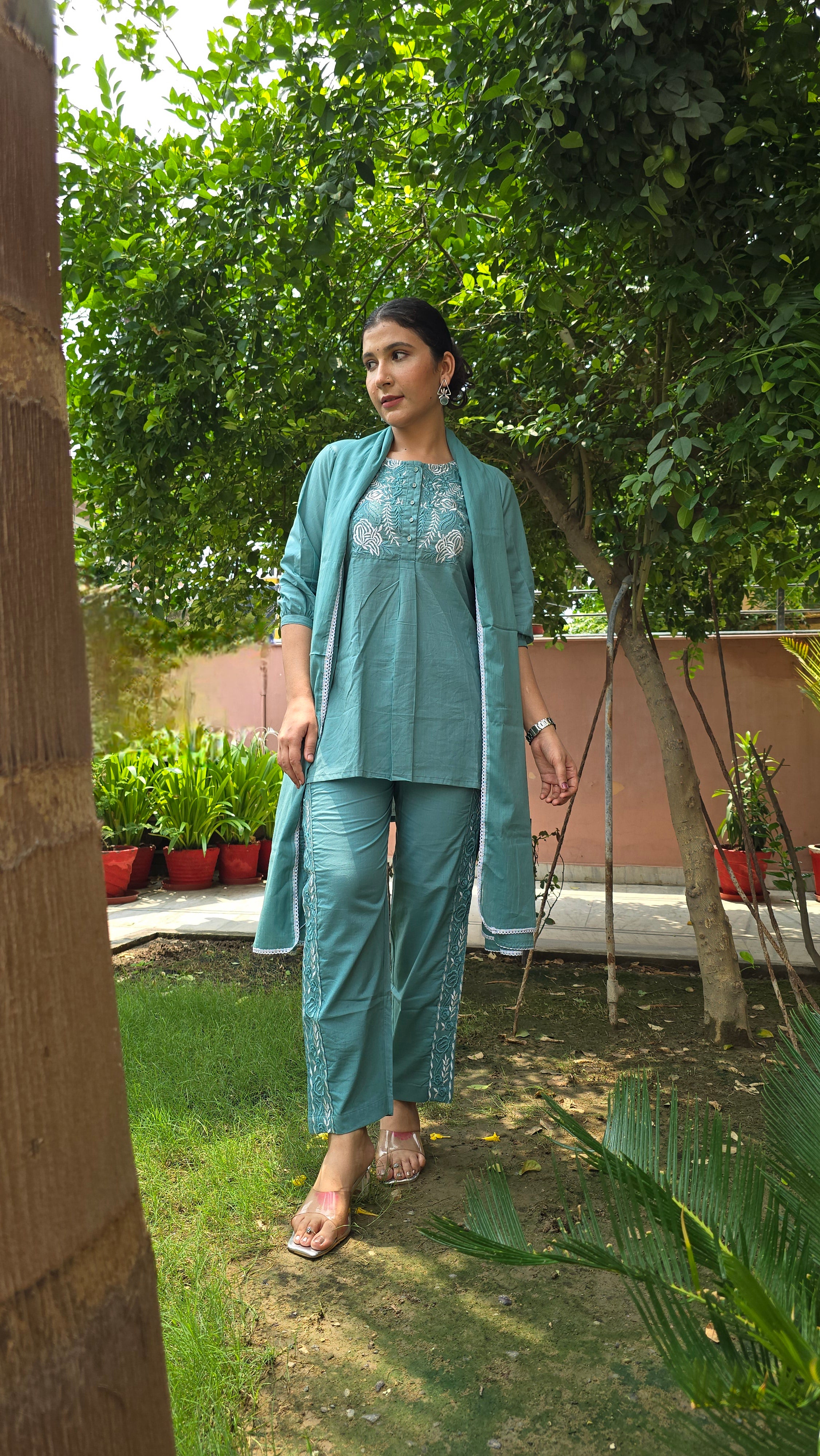 Embroidered Cord Set With Trouser and Dupatta