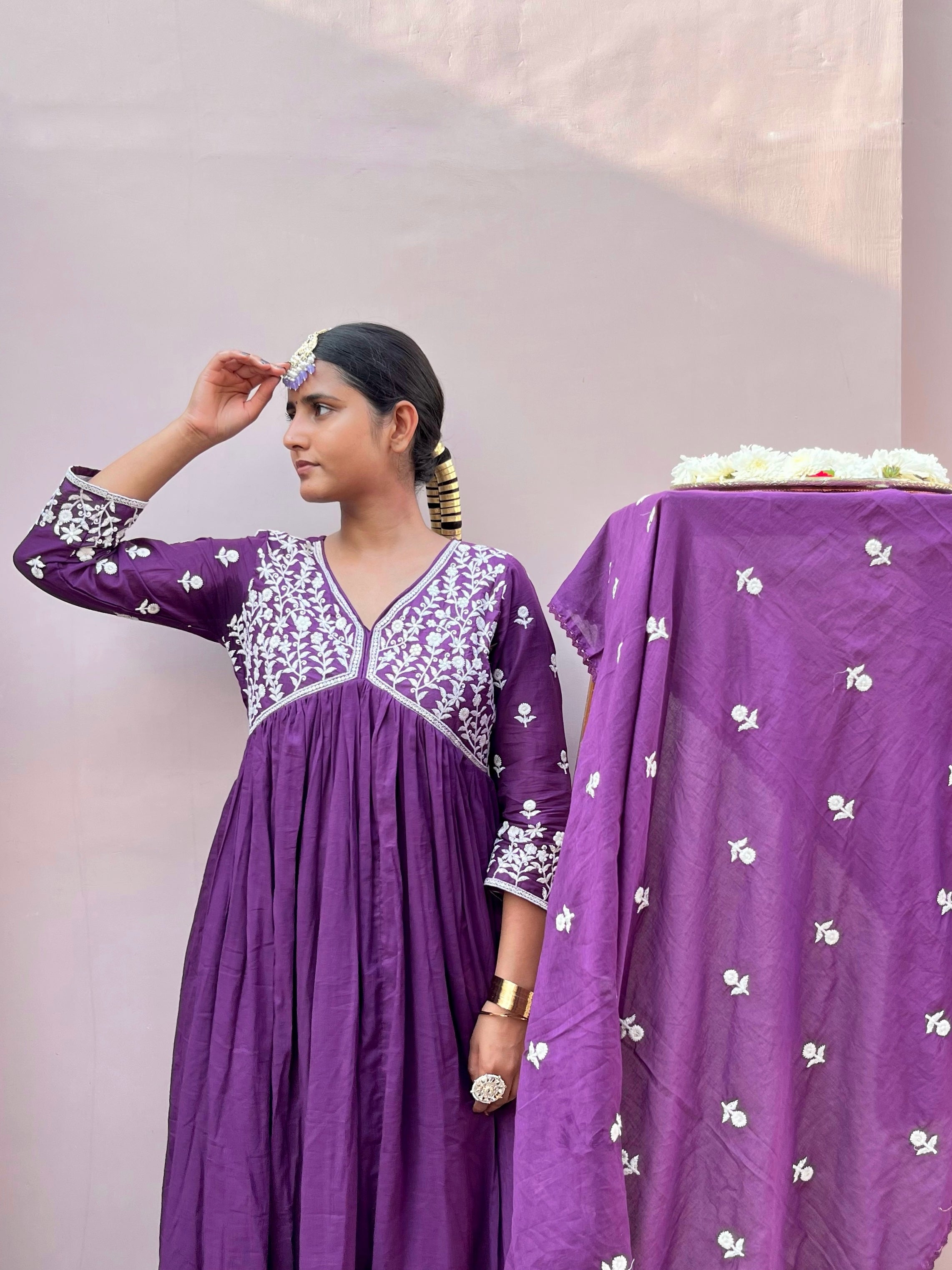 Purple Ethnic Embroidered Anarkali Kurta With Pant & Dupatta Set