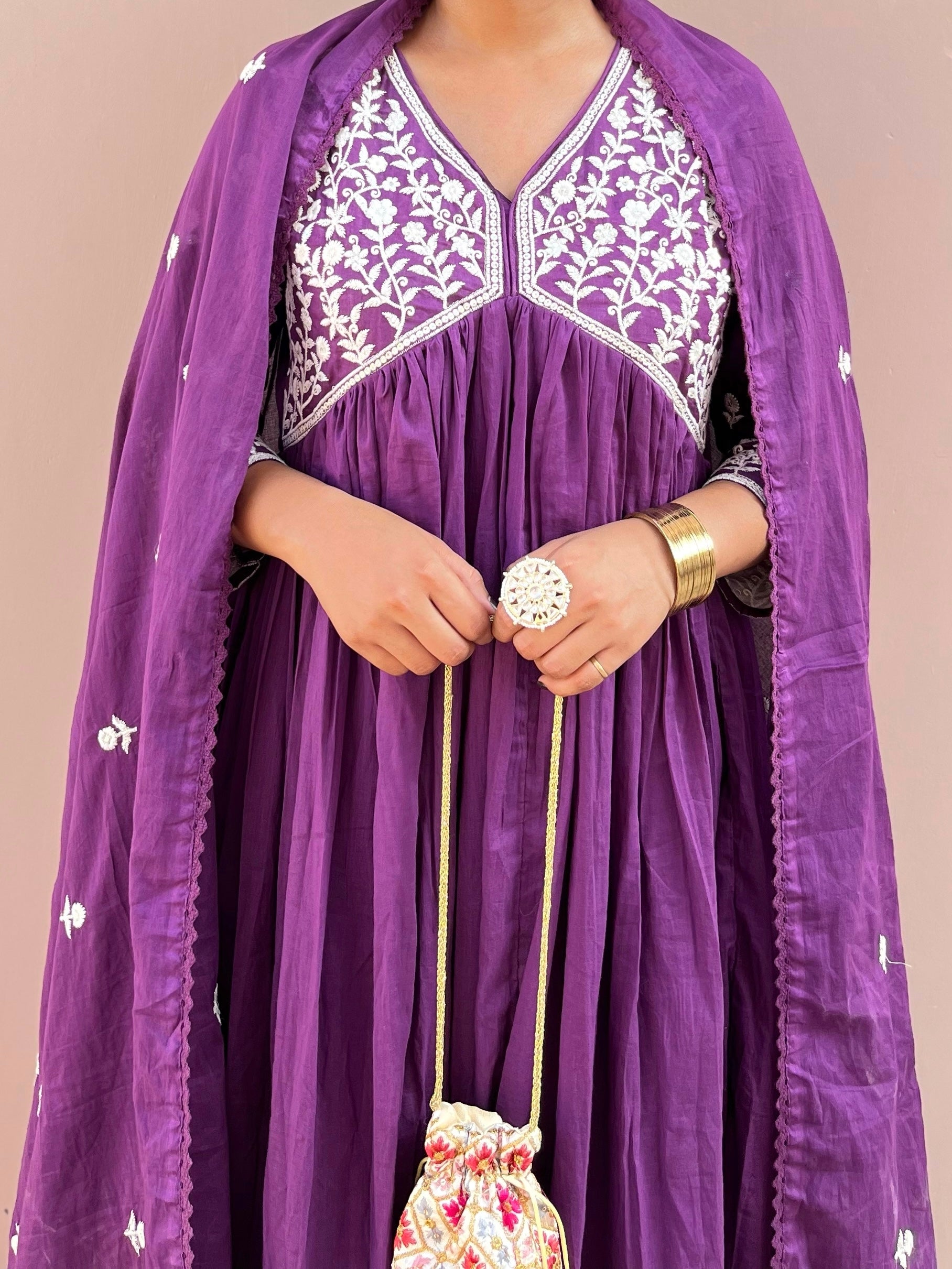 Purple Ethnic Embroidered Anarkali Kurta With Pant & Dupatta Set