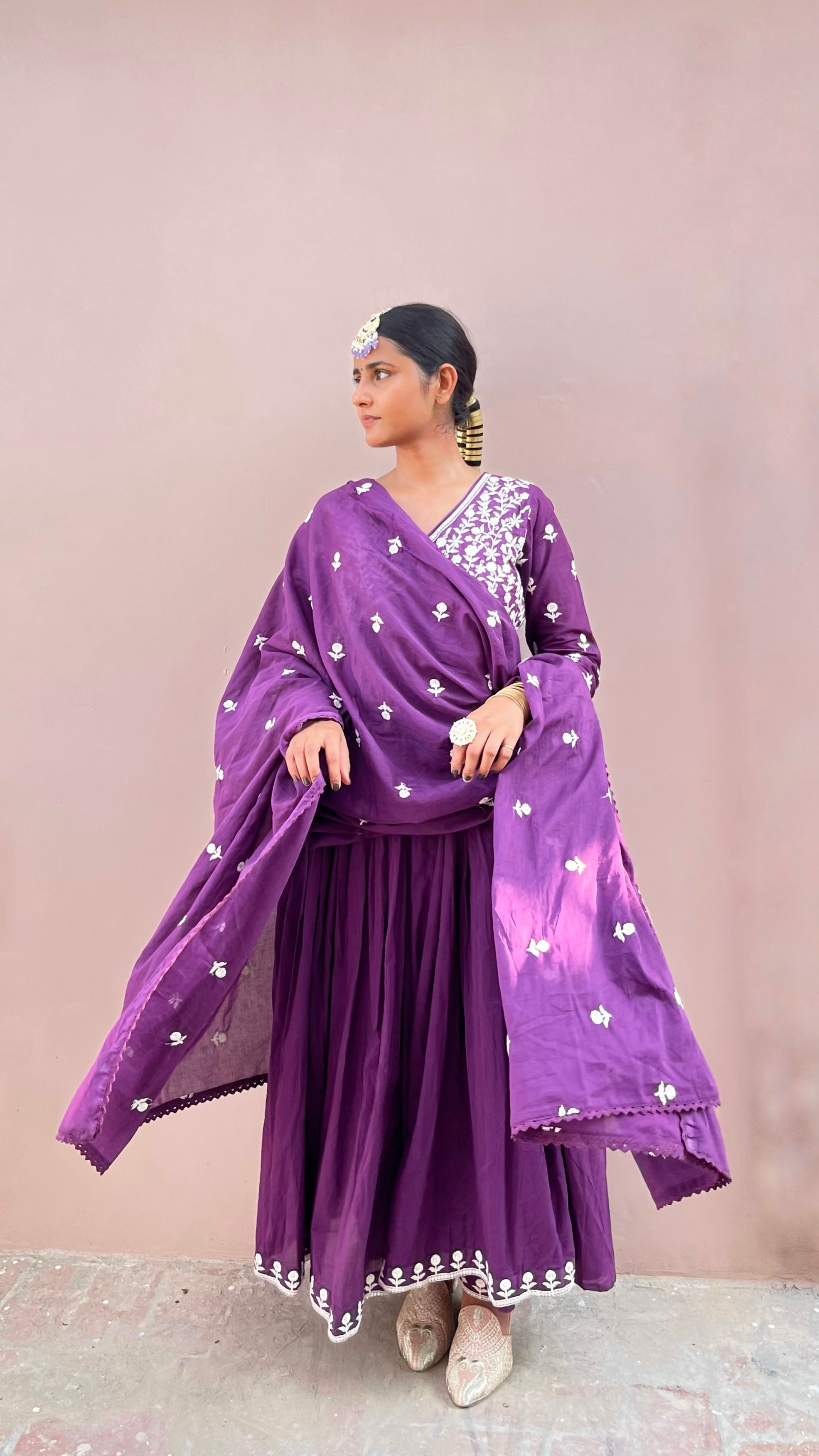 Purple Ethnic Embroidered Anarkali Kurta With Pant & Dupatta Set