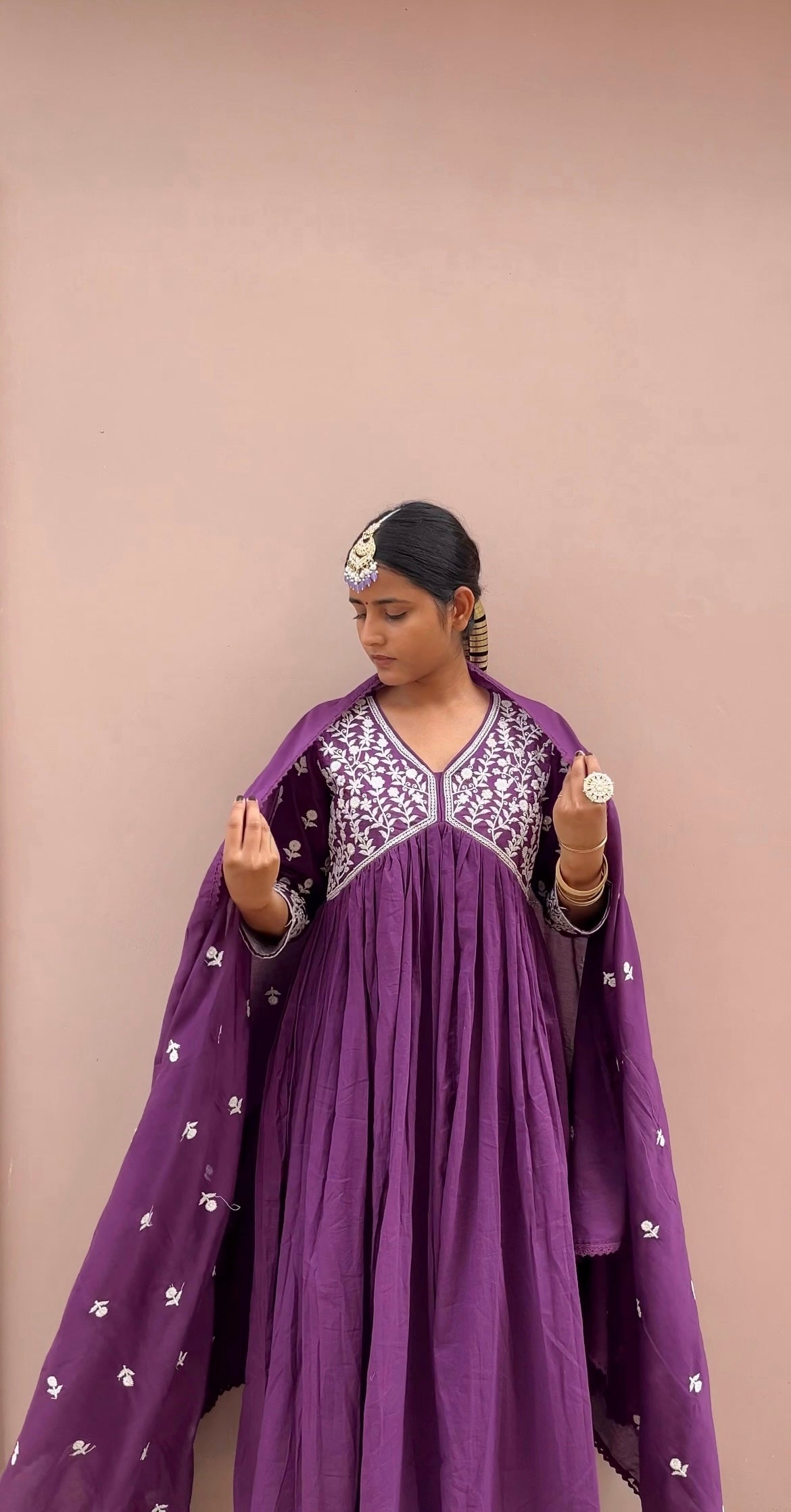 Purple Ethnic Embroidered Anarkali Kurta With Pant & Dupatta Set